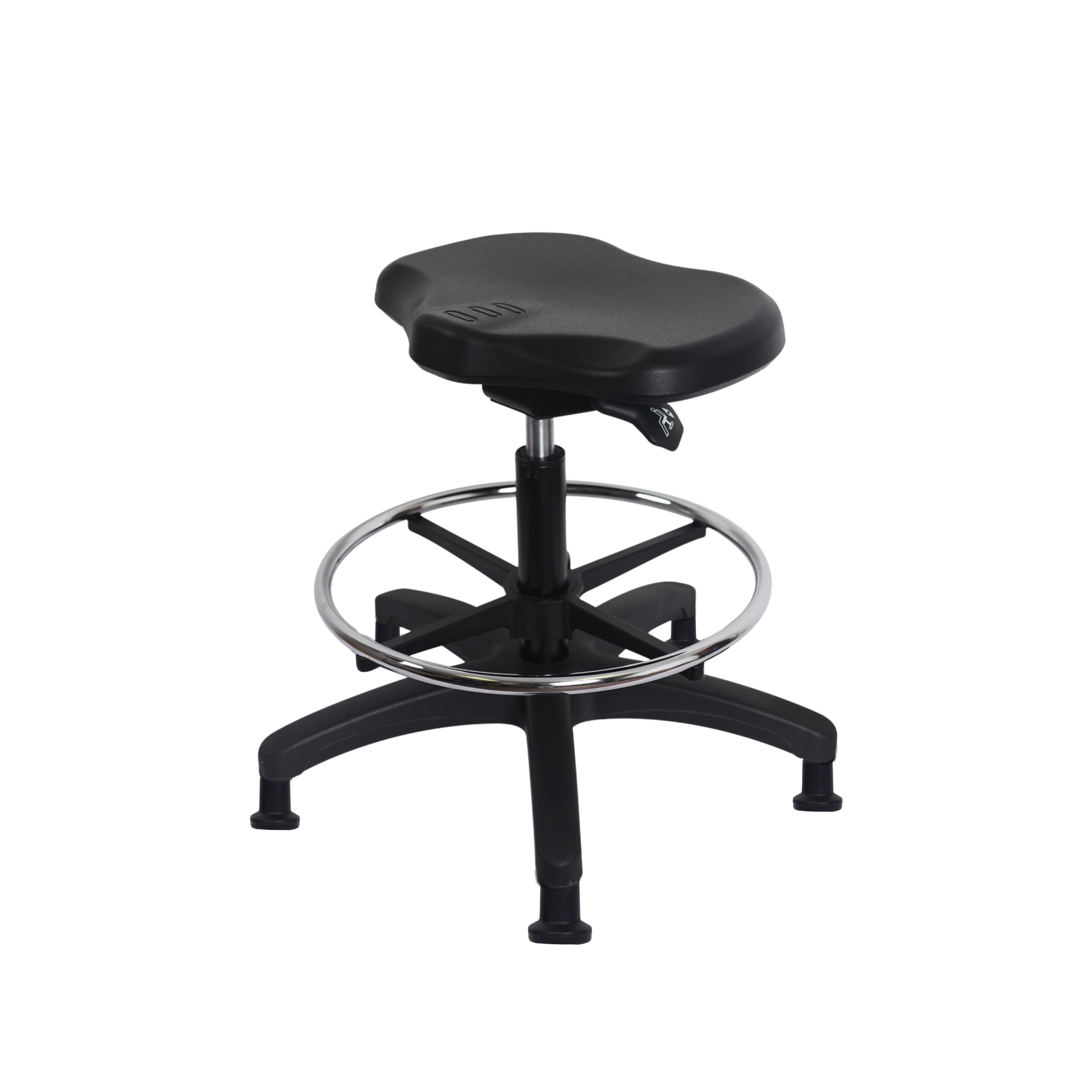 Polyurethane Ray Sit-Stand Stool - Medium Bench Height with Chrome Foot Ring & Stationary Glides in Black Polyurethane