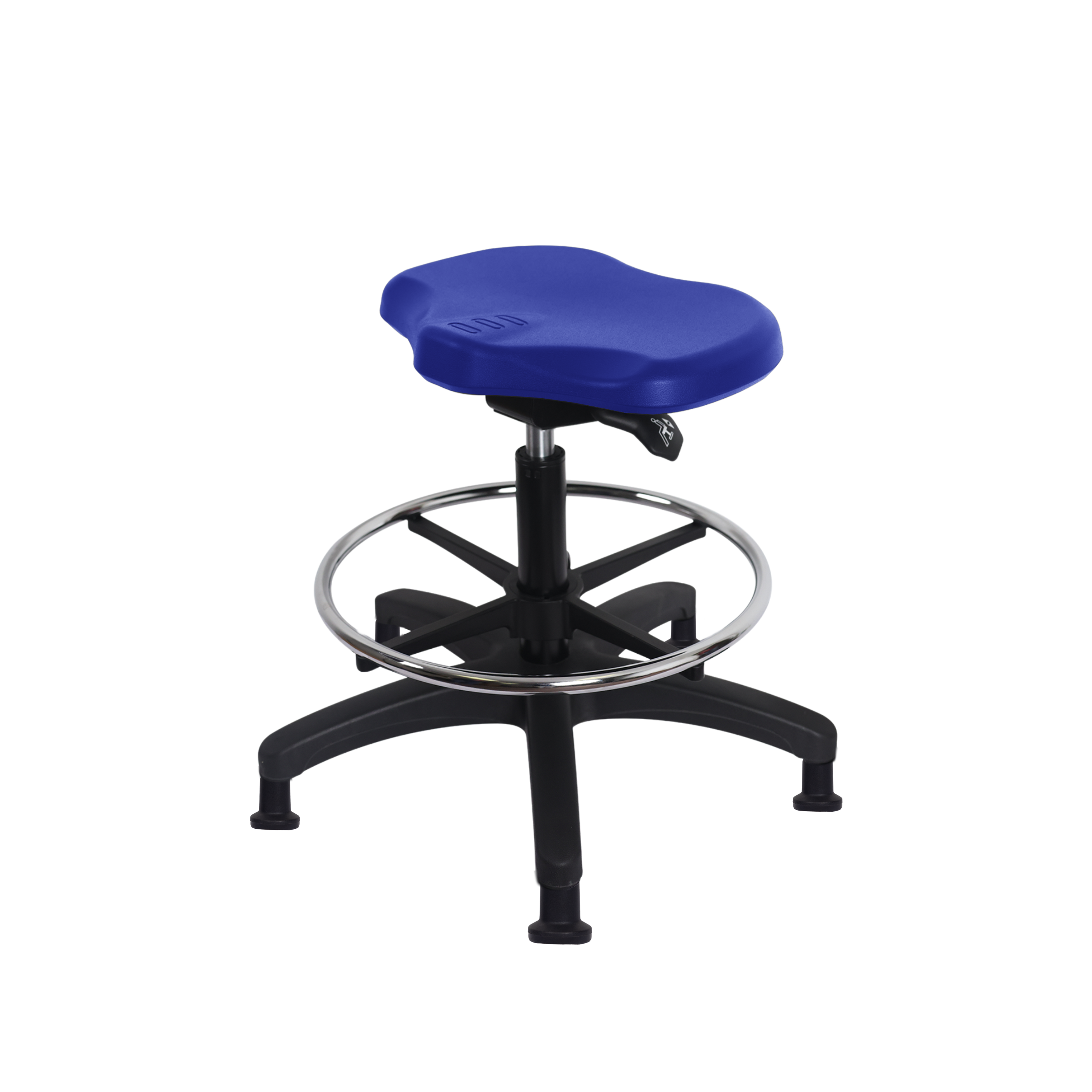 Polyurethane Ray Sit-Stand Stool - Medium Bench Height with Chrome Foot Ring & Stationary Glides in Blue Polyurethane