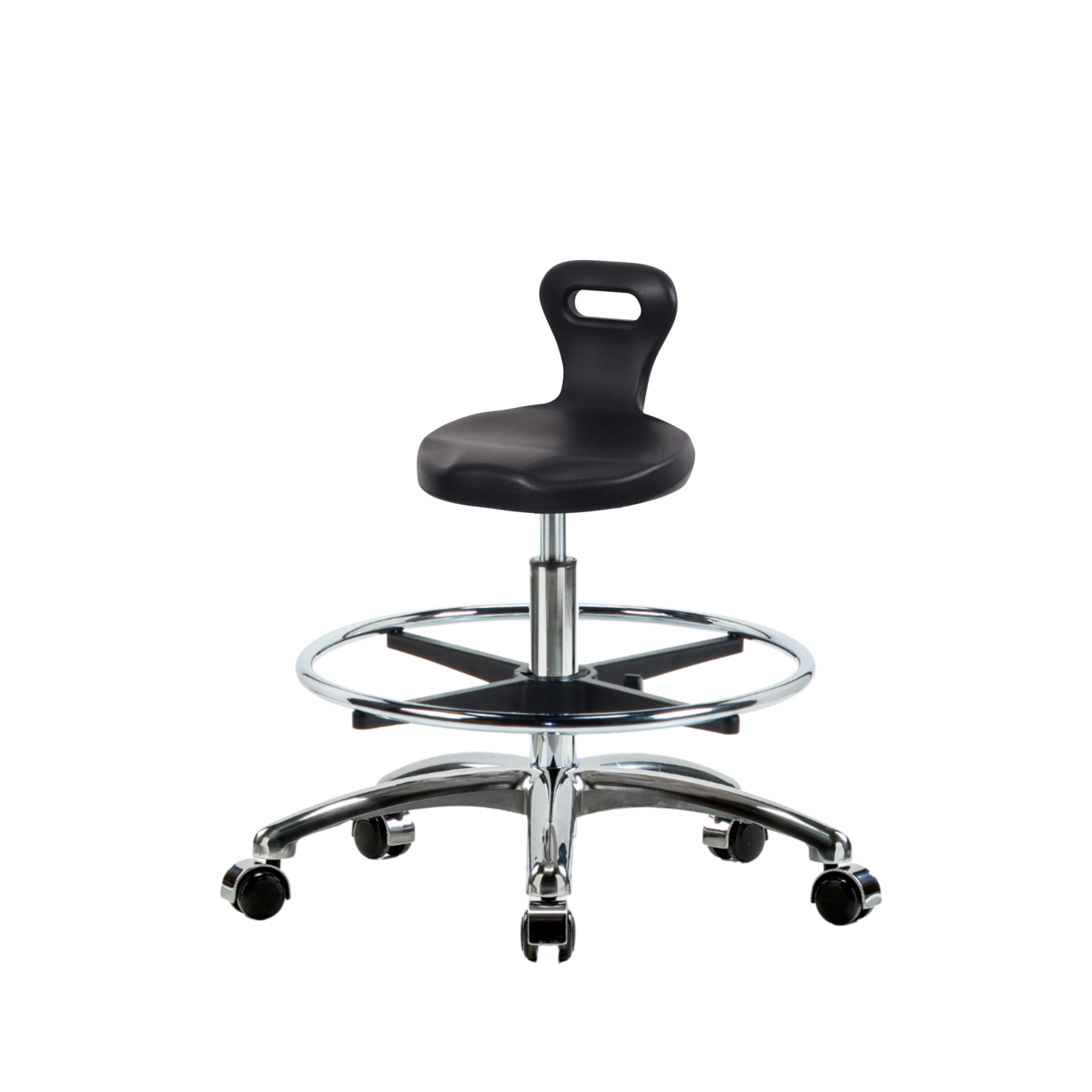 Polyurethane Serpent Stool Chrome - Medium Bench Height with Chrome Foot Ring & Chrome Casters in Black Polyurethane