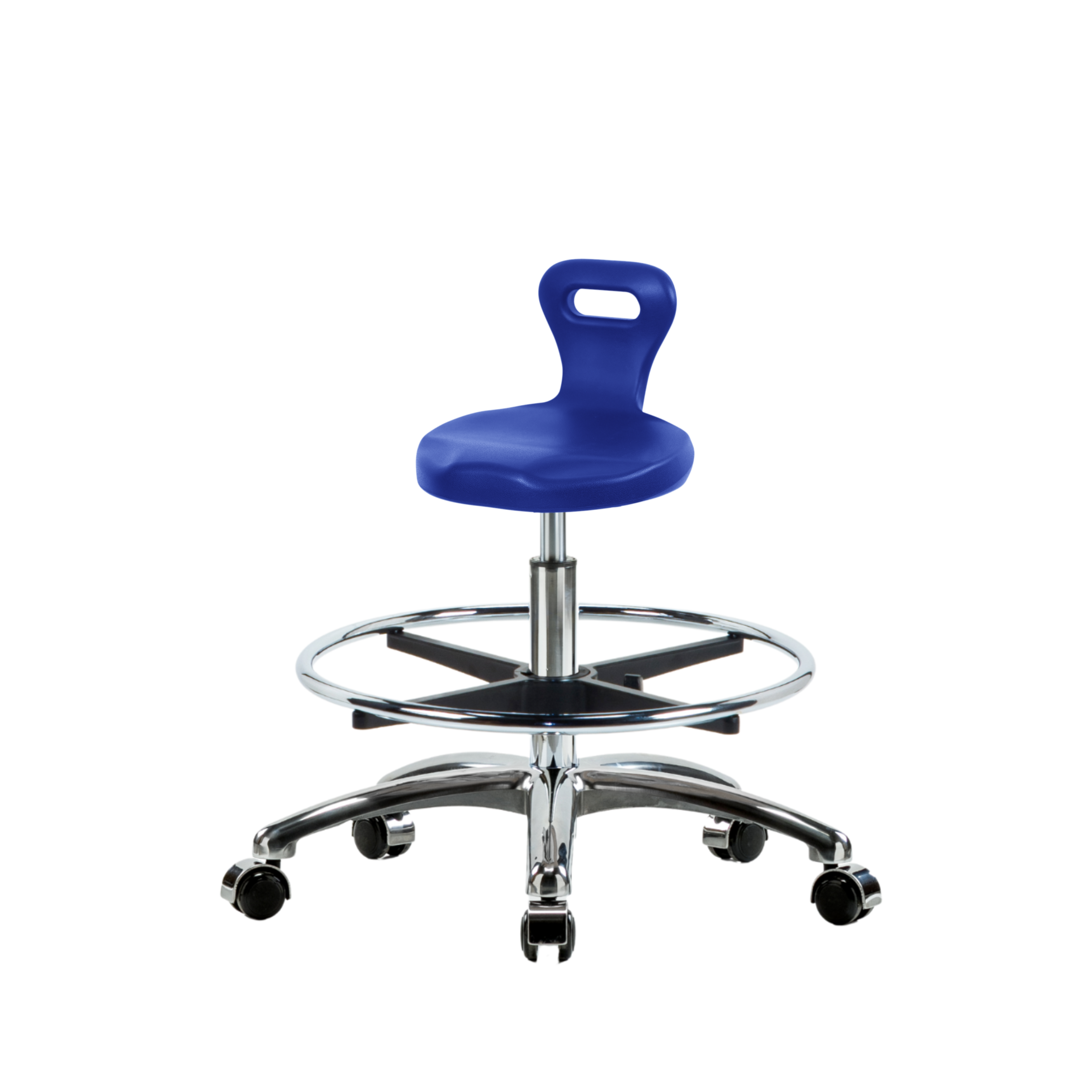 Polyurethane Serpent Stool Chrome - Medium Bench Height with Chrome Foot Ring & Chrome Casters in Blue Polyurethane