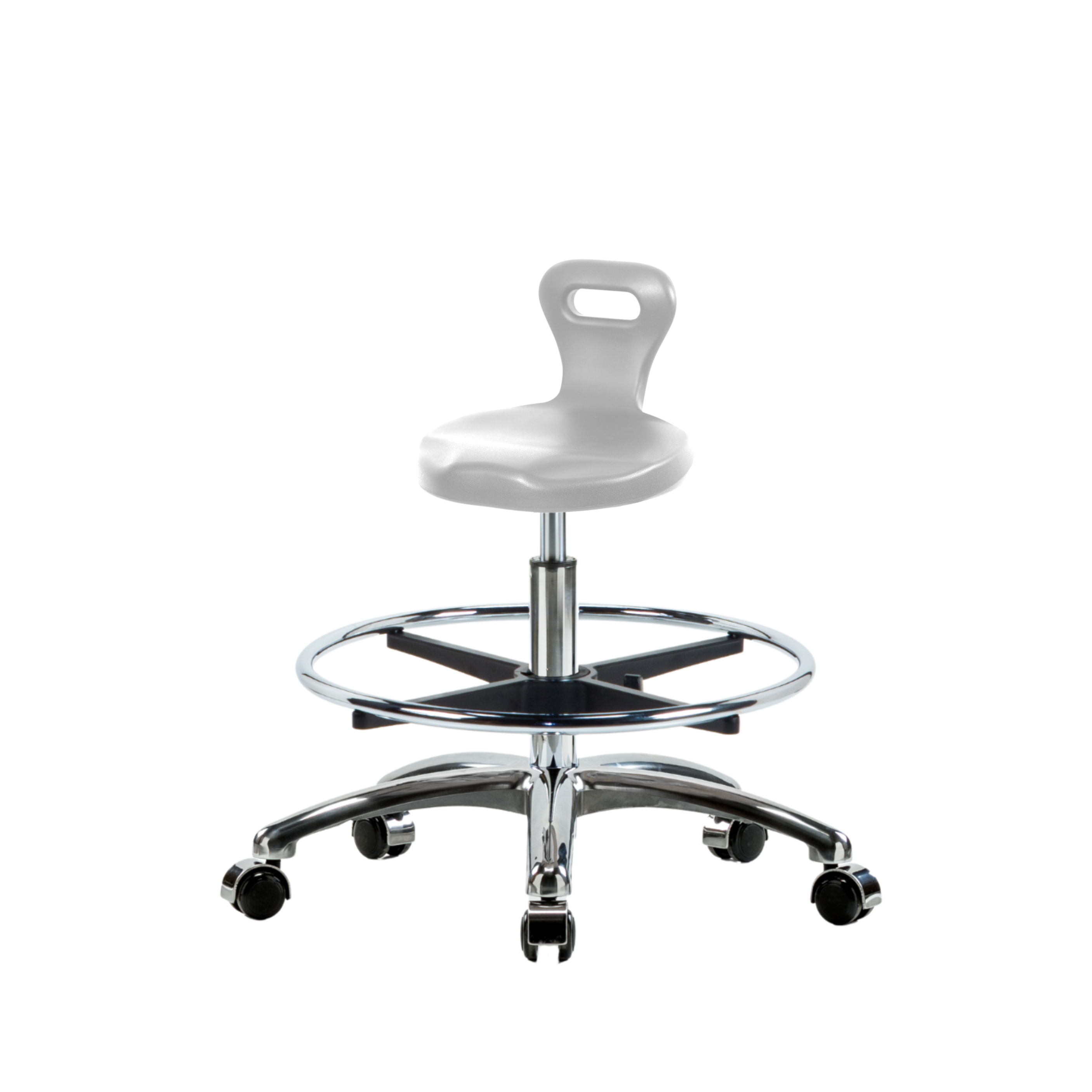 Polyurethane Serpent Stool Chrome - Medium Bench Height with Chrome Foot Ring & Chrome Casters in Gray Polyurethane