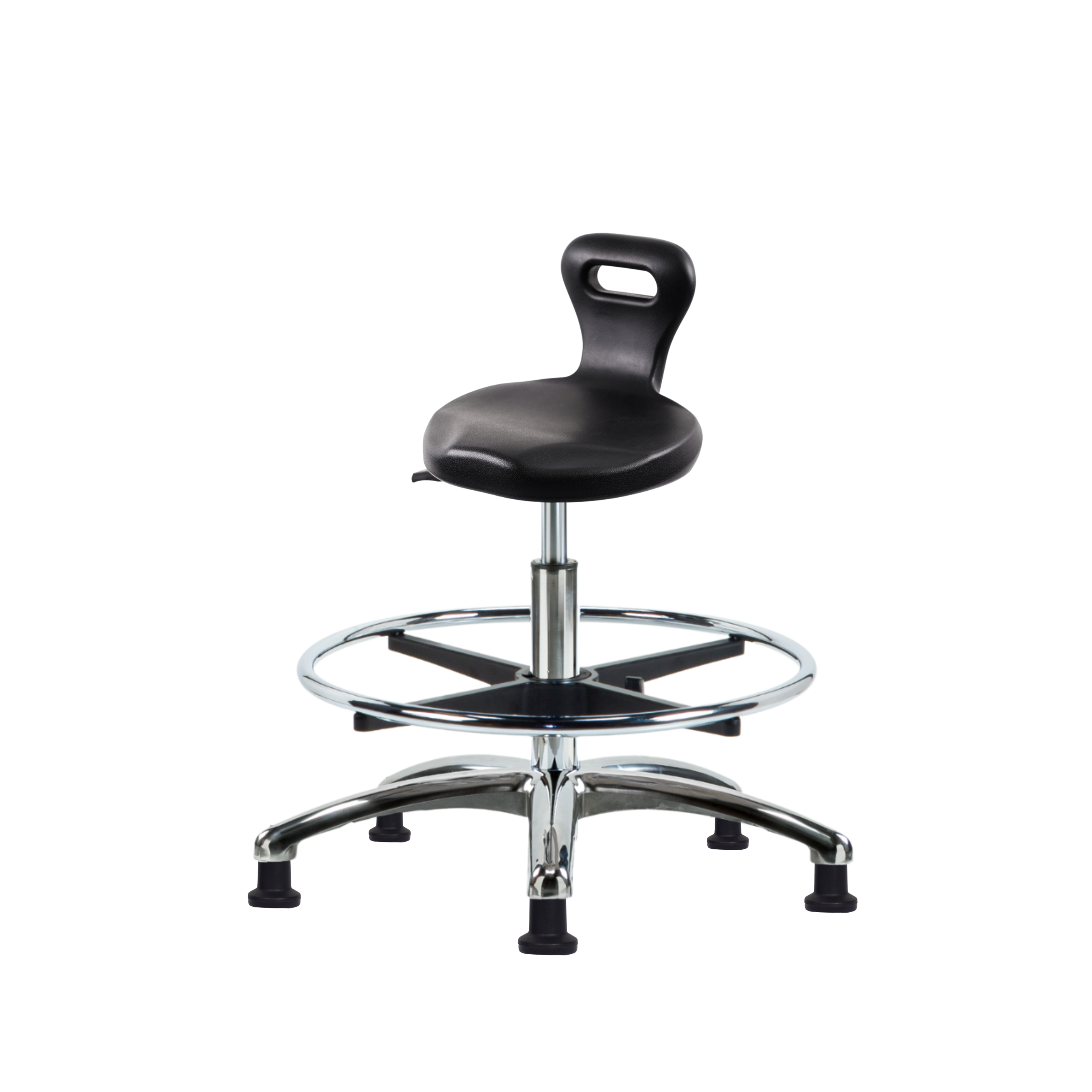 Polyurethane Serpent Stool Chrome - Medium Bench Height with Chrome Foot Ring & Stationary Glides in Black Polyurethane