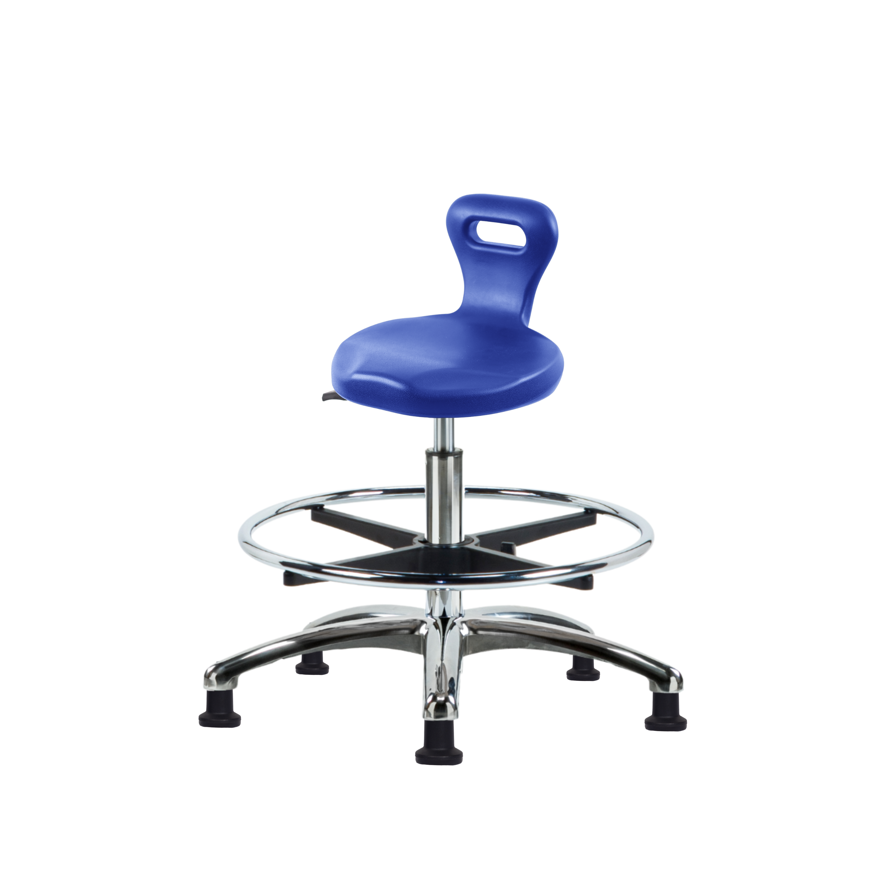 Polyurethane Serpent Stool Chrome - Medium Bench Height with Chrome Foot Ring & Stationary Glides in Blue Polyurethane