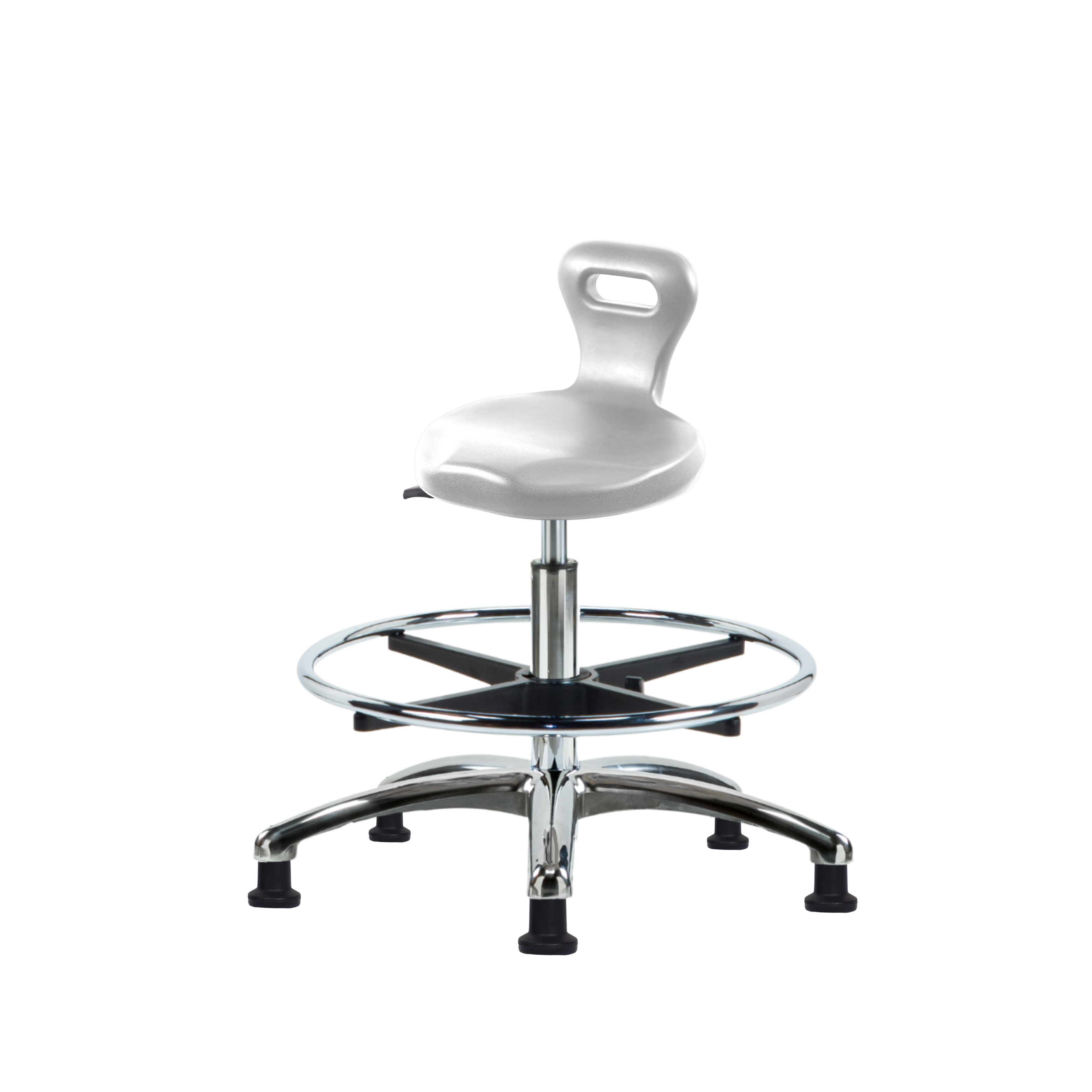 Polyurethane Serpent Stool Chrome - Medium Bench Height with Chrome Foot Ring & Stationary Glides in Gray Polyurethane