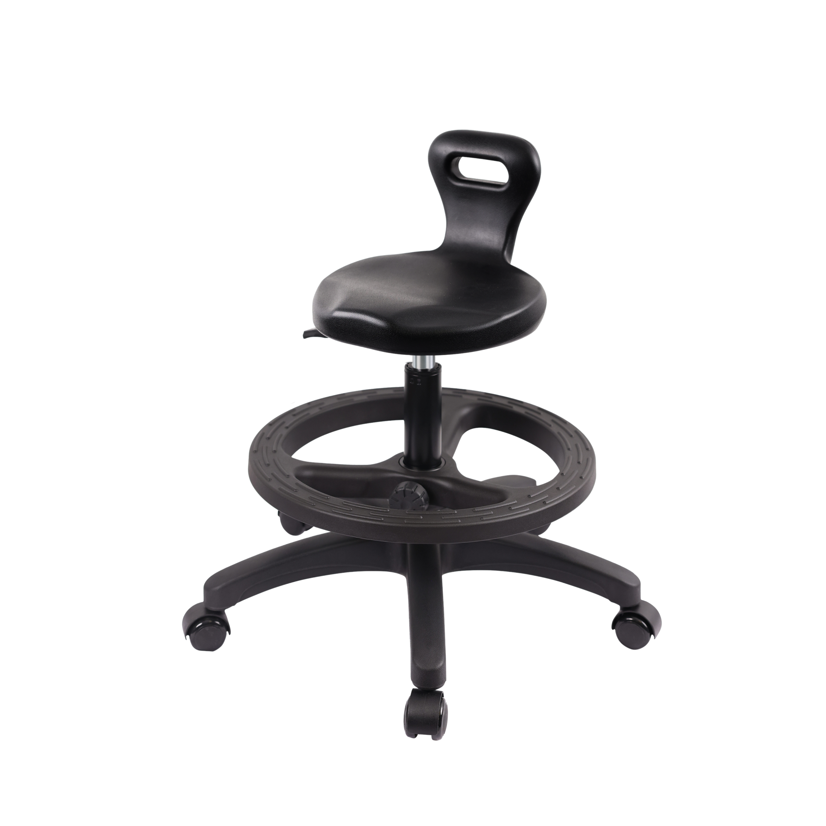 Polyurethane Serpent Stool - Medium Bench Height with Black Foot Ring & Casters in Black Polyurethane