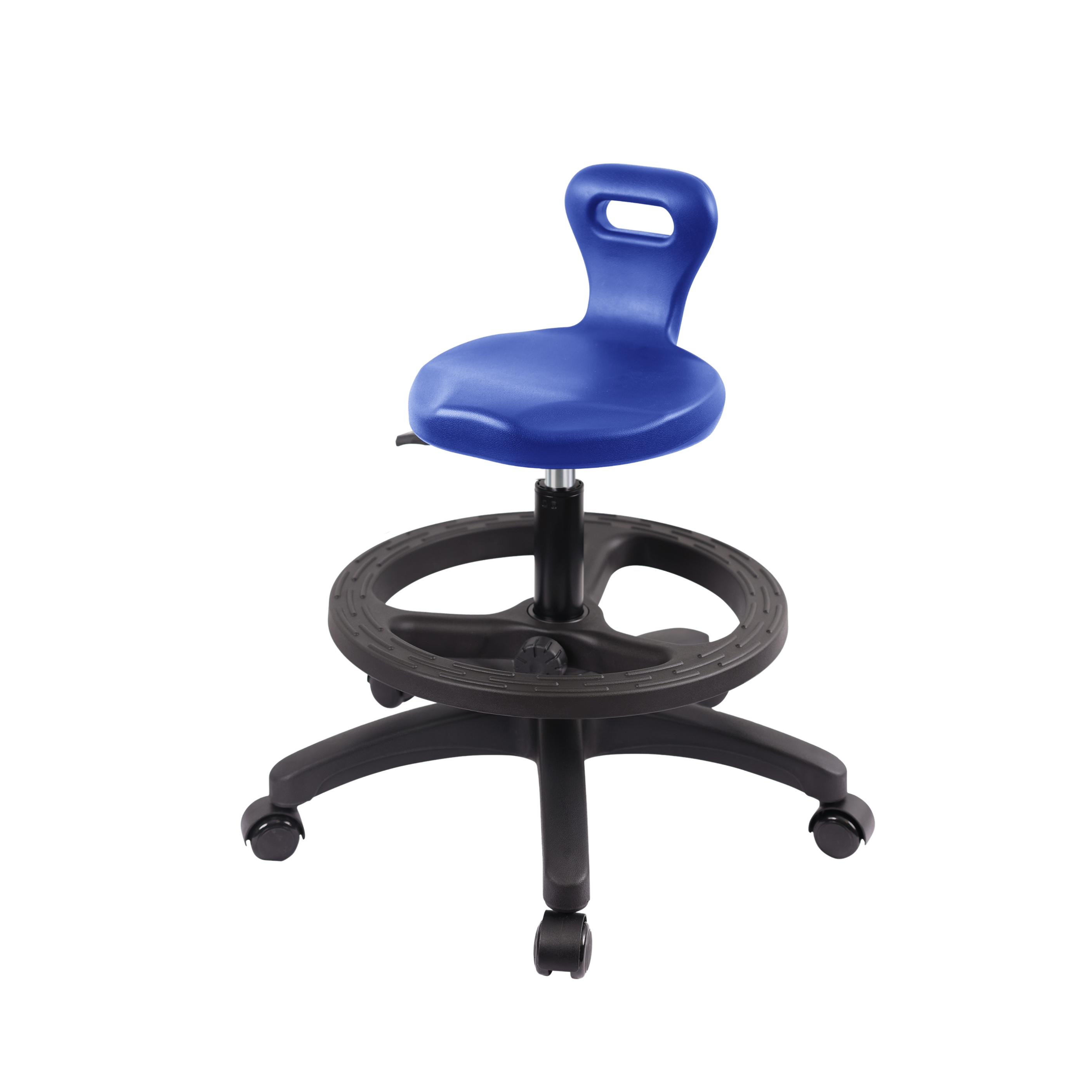 Polyurethane Serpent Stool - Medium Bench Height with Black Foot Ring & Casters in Blue Polyurethane