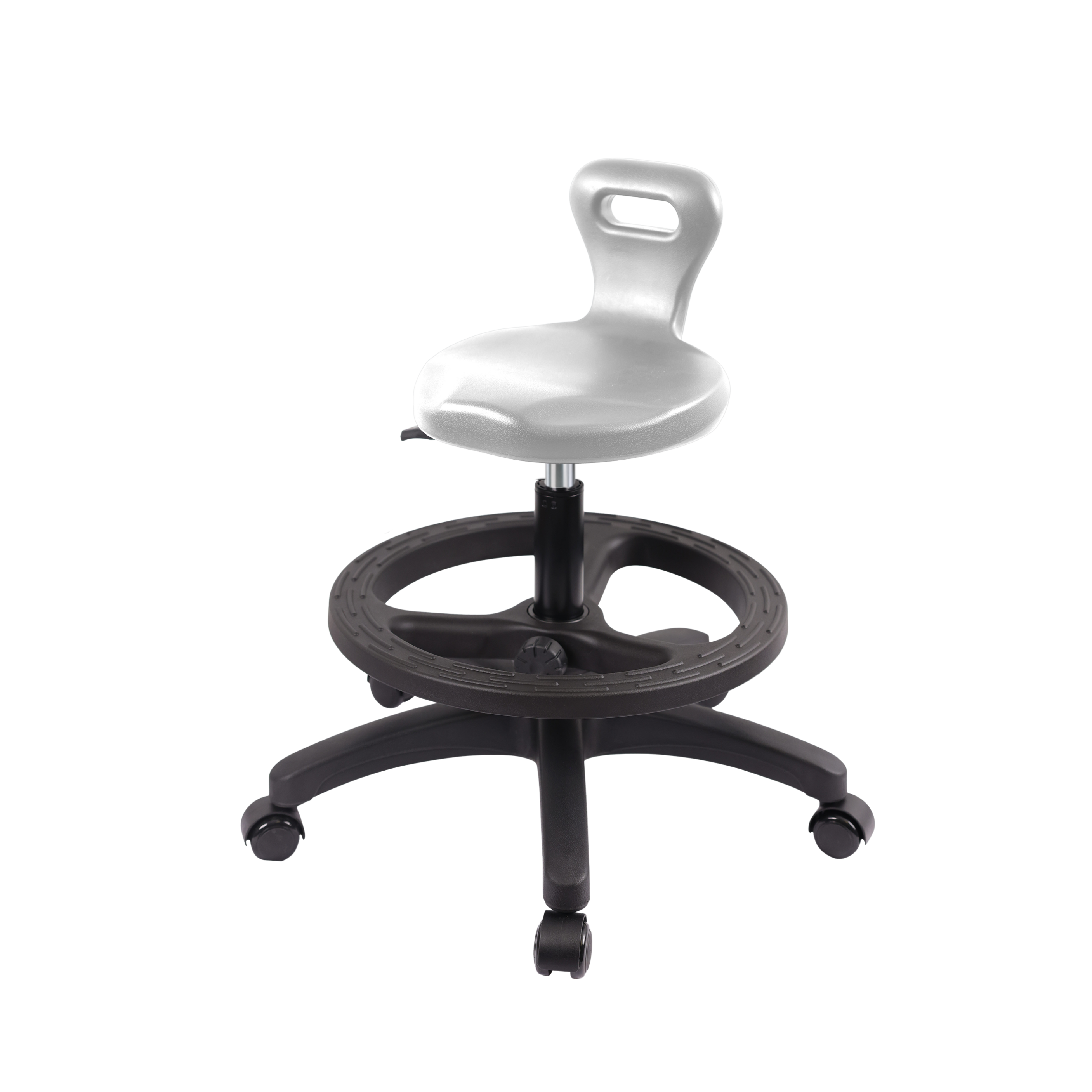 Polyurethane Serpent Stool - Medium Bench Height with Black Foot Ring & Casters in Gray Polyurethane