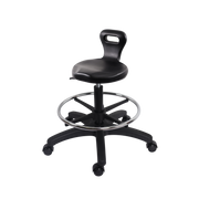 Polyurethane Serpent Stool - Medium Bench Height with Chrome Foot Ring & Casters in Black Polyurethane