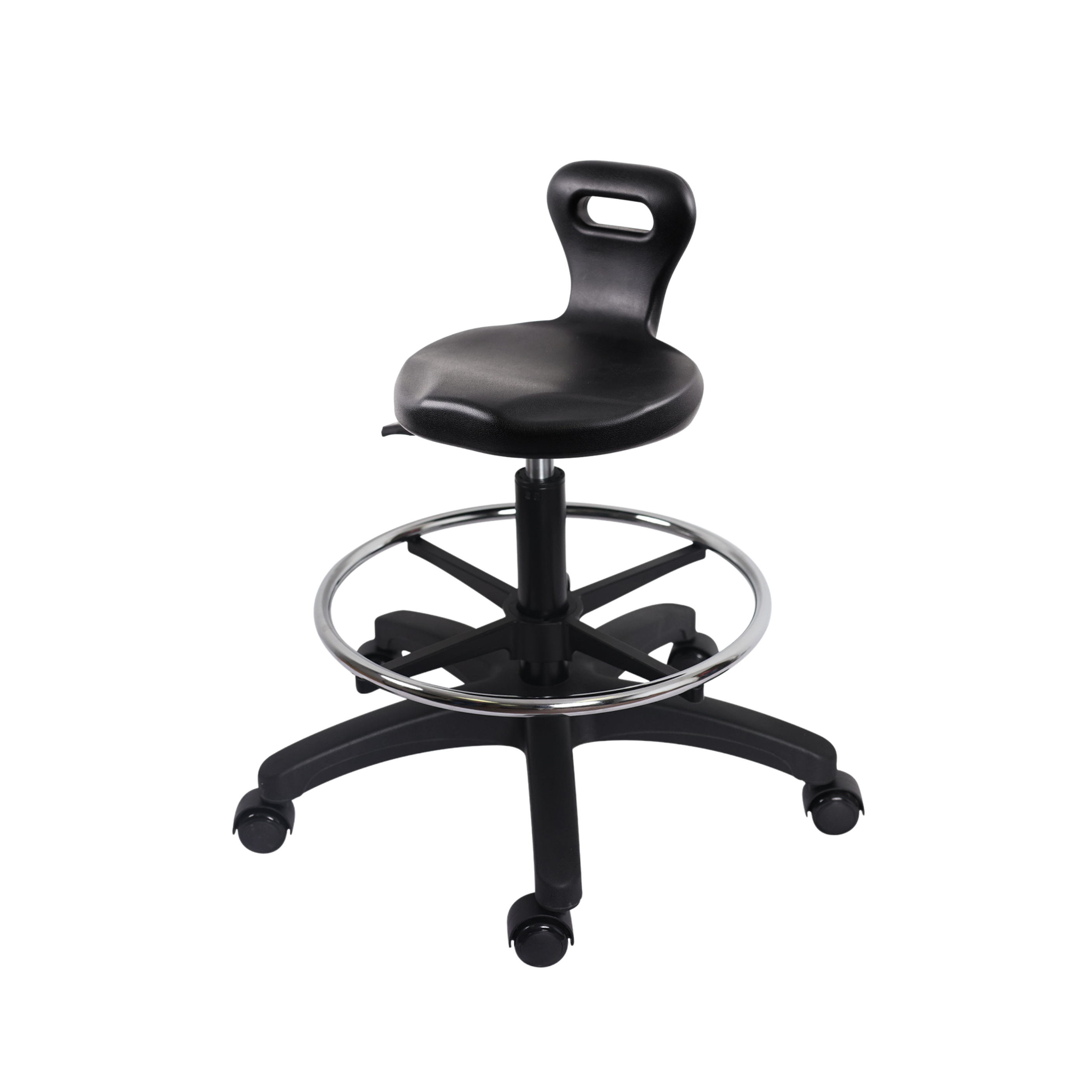 Polyurethane Serpent Stool - Medium Bench Height with Chrome Foot Ring & Casters in Black Polyurethane