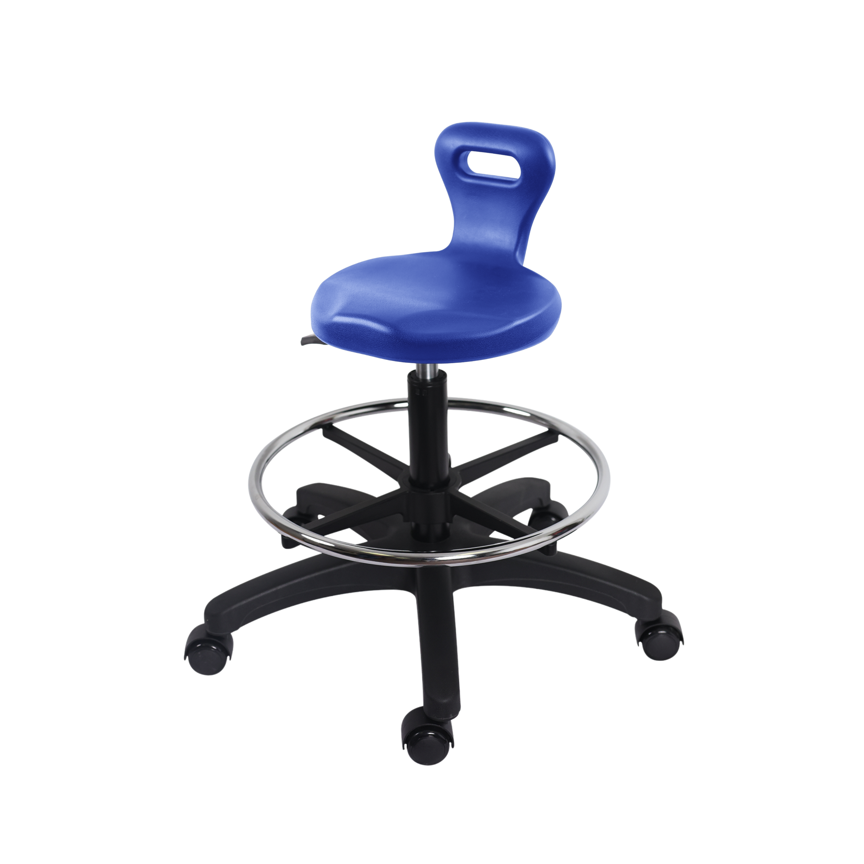 Polyurethane Serpent Stool - Medium Bench Height with Chrome Foot Ring & Casters in Blue Polyurethane