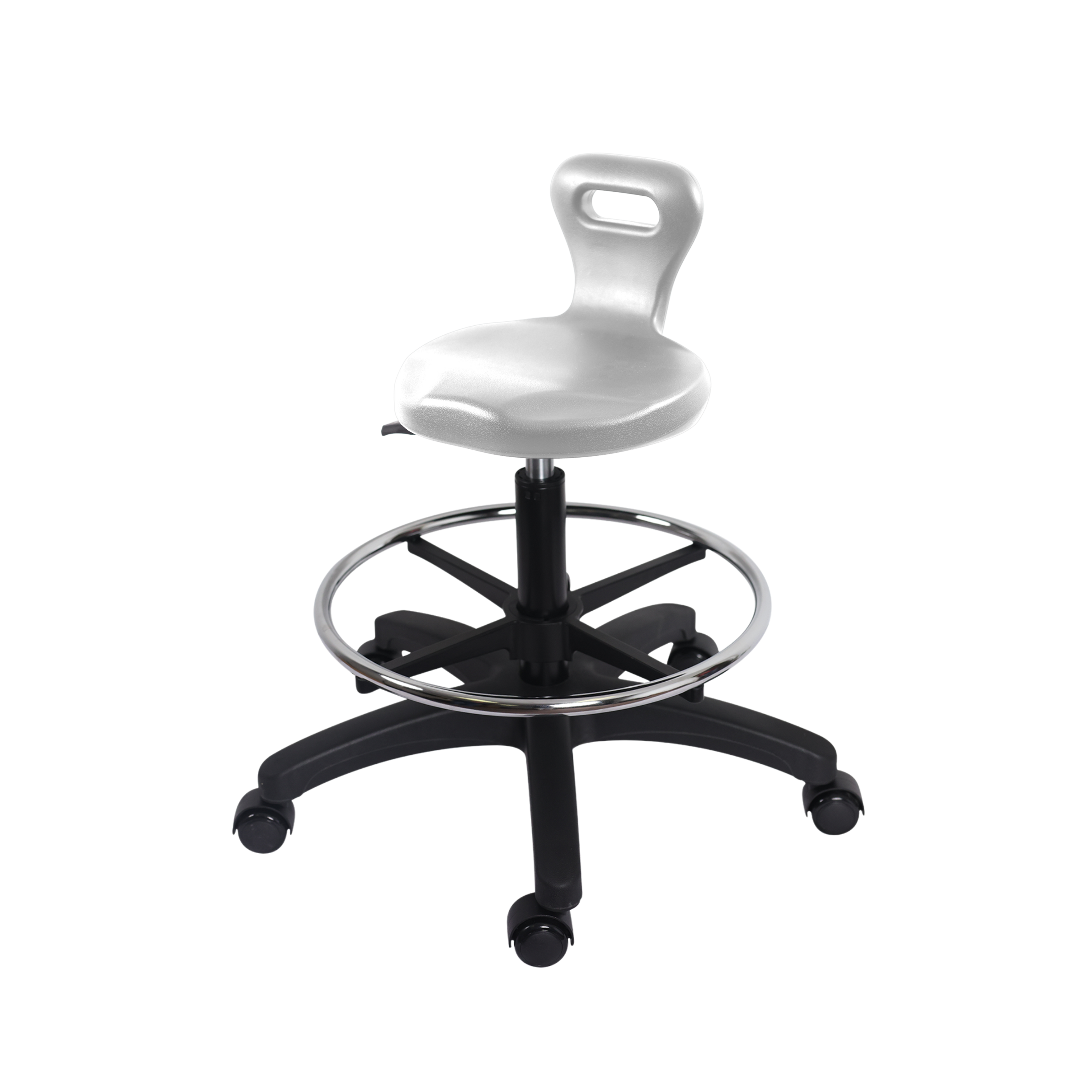 Polyurethane Serpent Stool - Medium Bench Height with Chrome Foot Ring & Casters in Gray Polyurethane