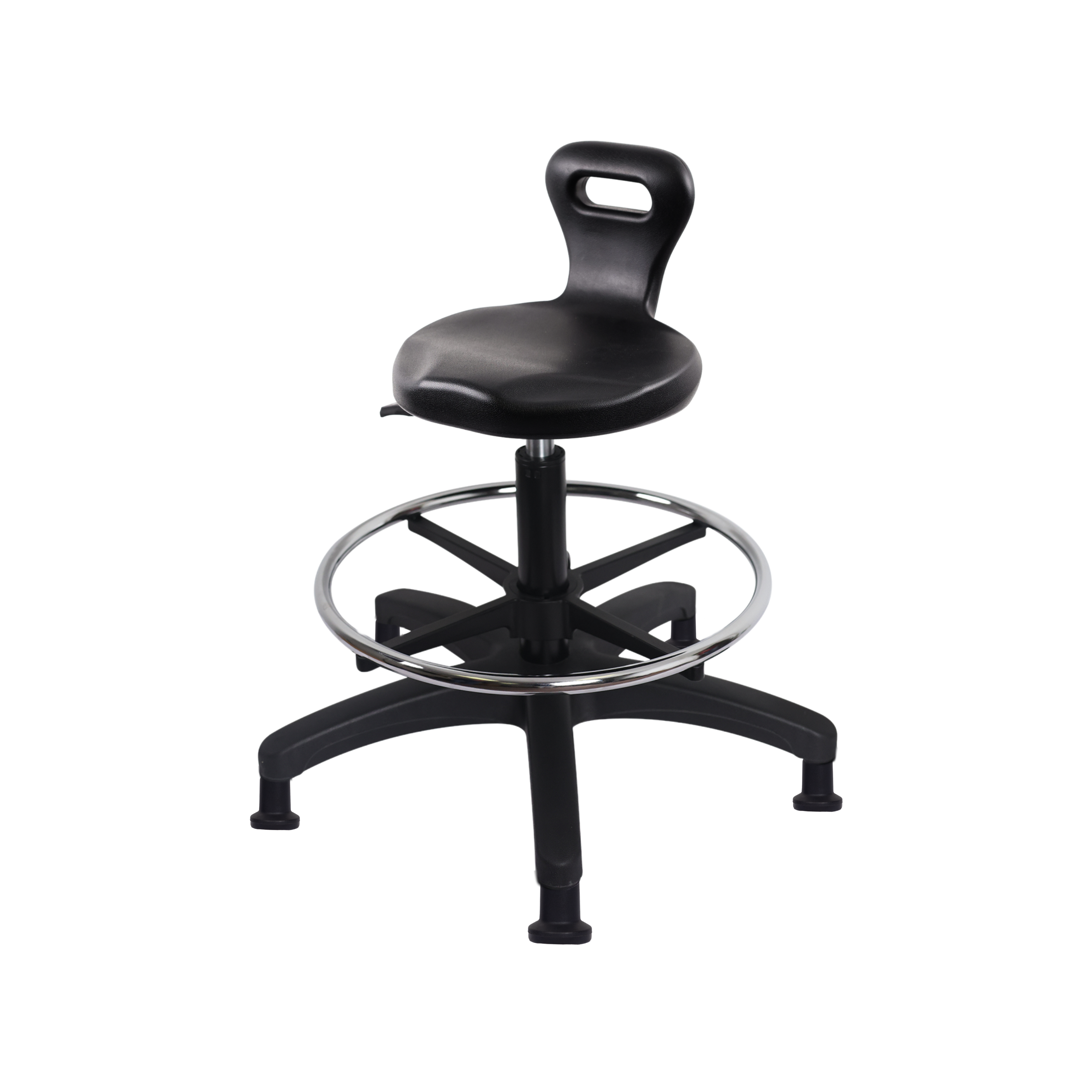 Polyurethane Serpent Stool - Medium Bench Height with Chrome Foot Ring & Stationary Glides in Black Polyurethane