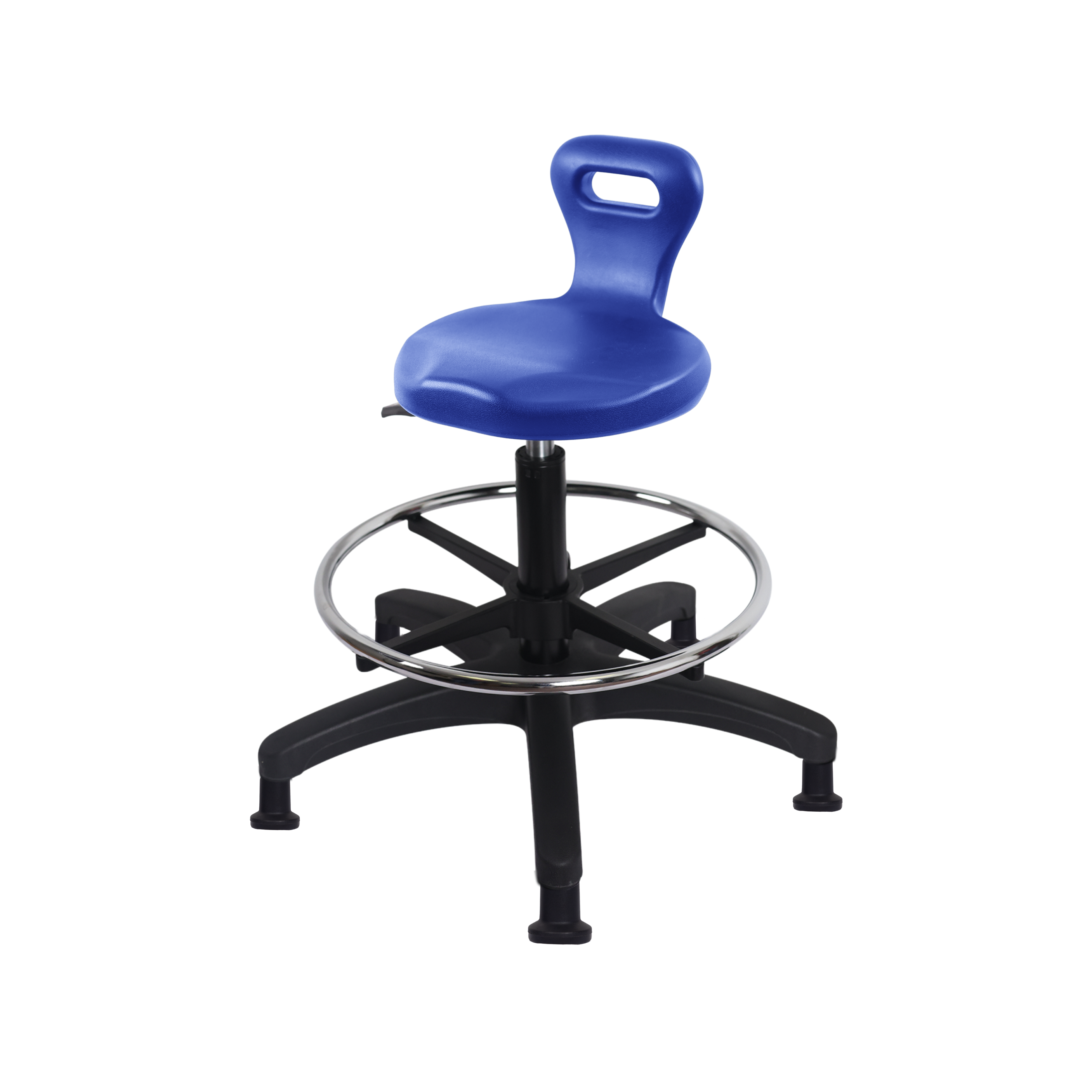 Polyurethane Serpent Stool - Medium Bench Height with Chrome Foot Ring & Stationary Glides in Blue Polyurethane