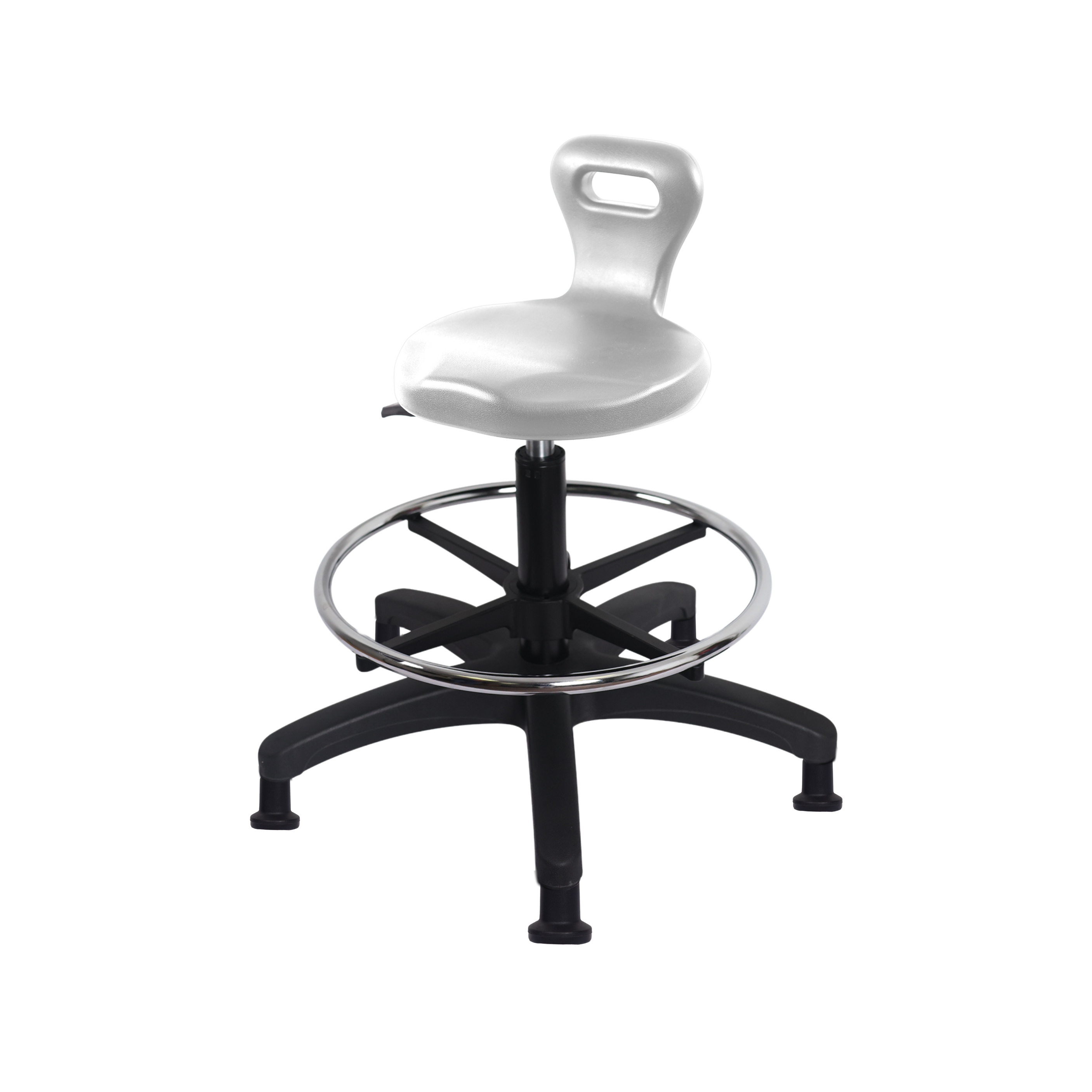 Polyurethane Serpent Stool - Medium Bench Height with Chrome Foot Ring & Stationary Glides in Gray Polyurethane