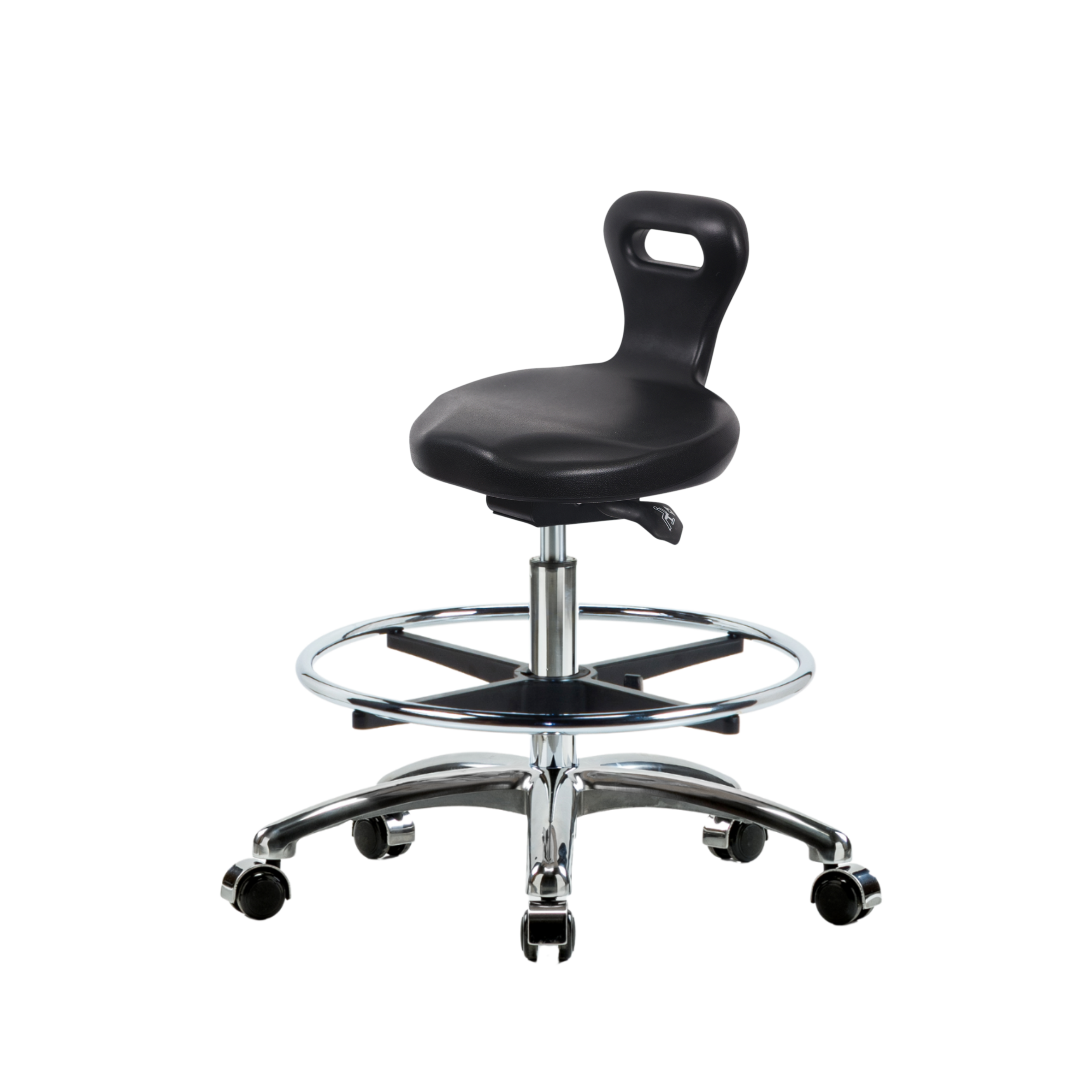 Polyurethane Serpent Sit-Stand Stool Chrome - Medium Bench Height with Chrome Foot Ring & Chrome Casters in Black Polyurethane