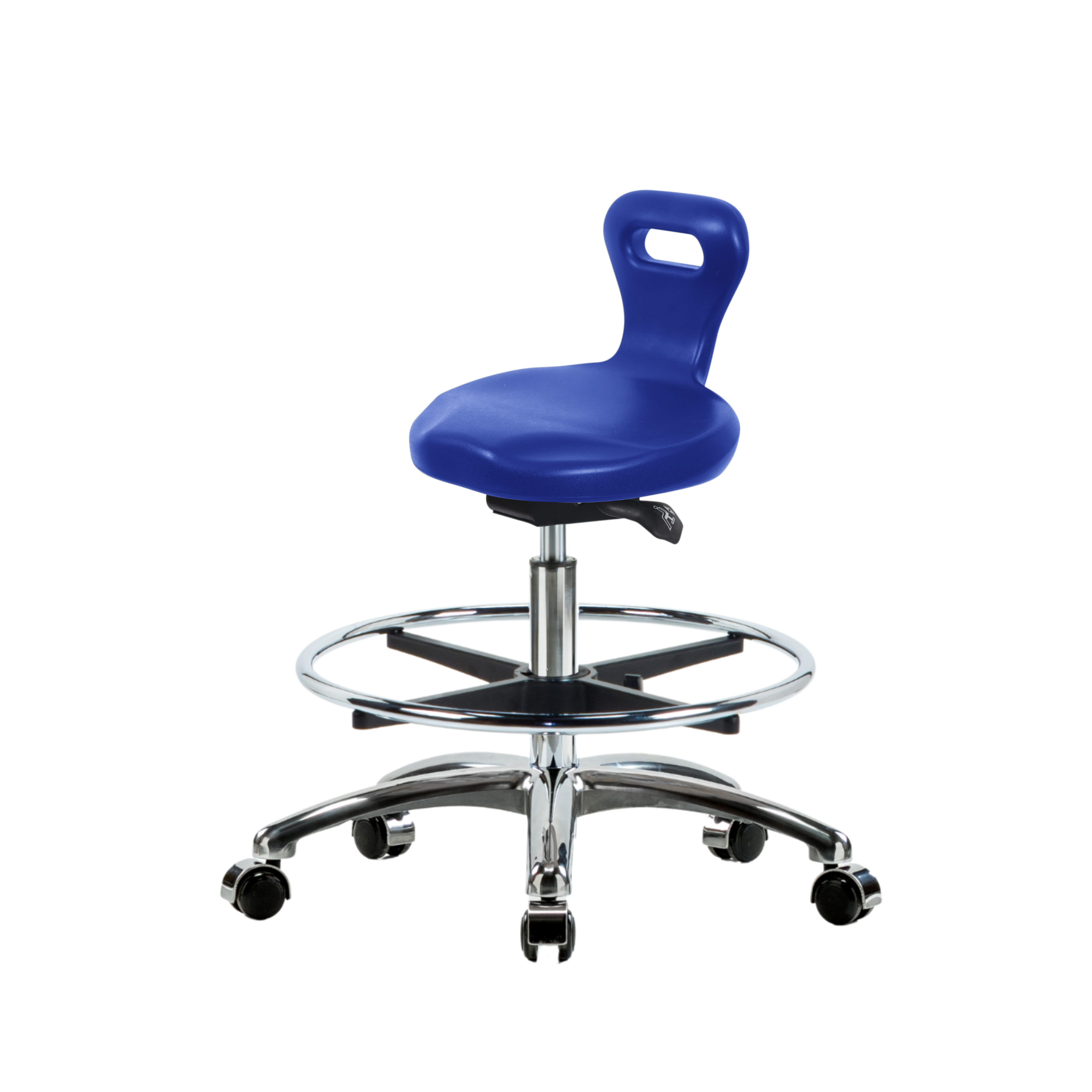 Polyurethane Serpent Sit-Stand Stool Chrome - Medium Bench Height with Chrome Foot Ring & Chrome Casters in Blue Polyurethane