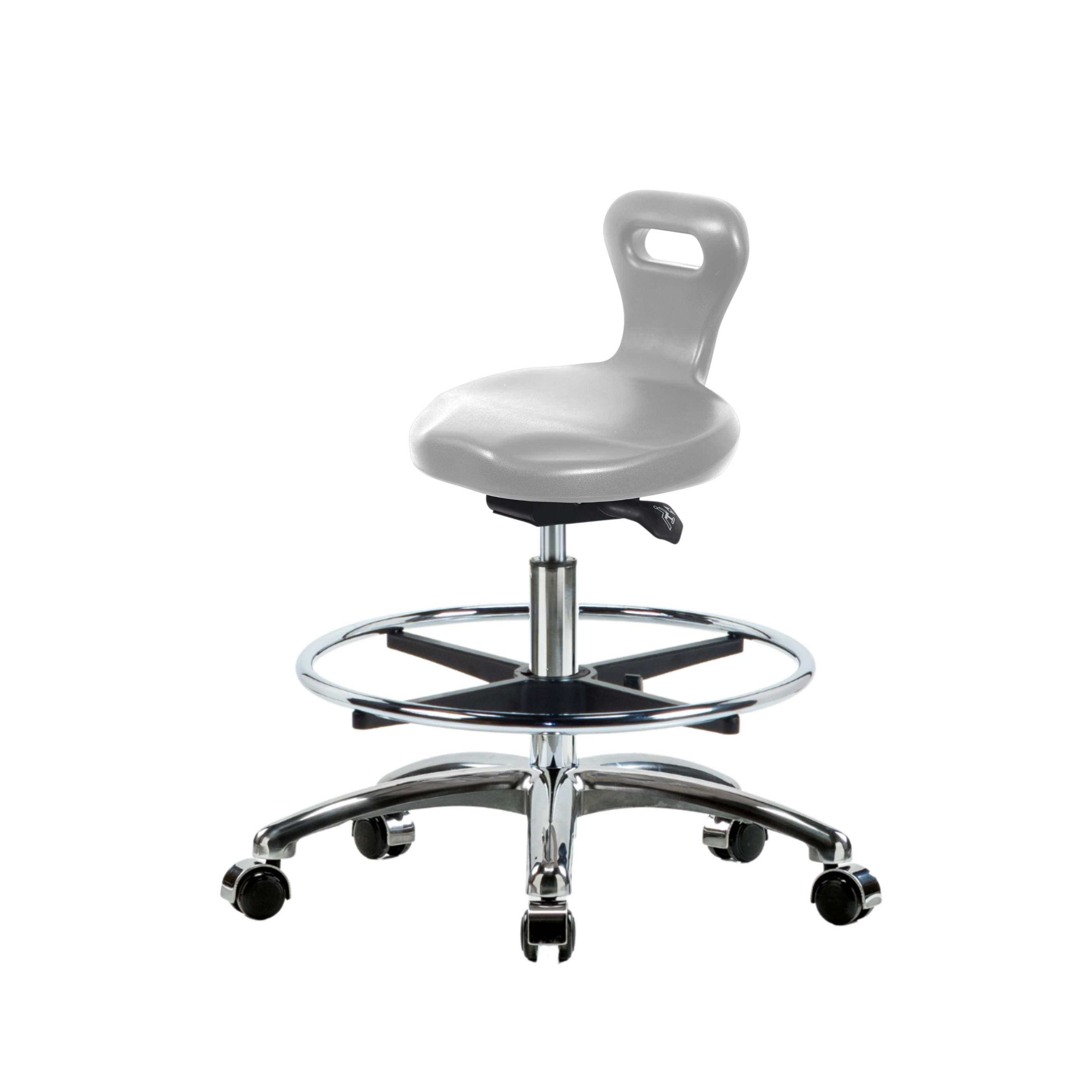 Polyurethane Serpent Sit-Stand Stool Chrome - Medium Bench Height with Chrome Foot Ring & Chrome Casters in Gray Polyurethane