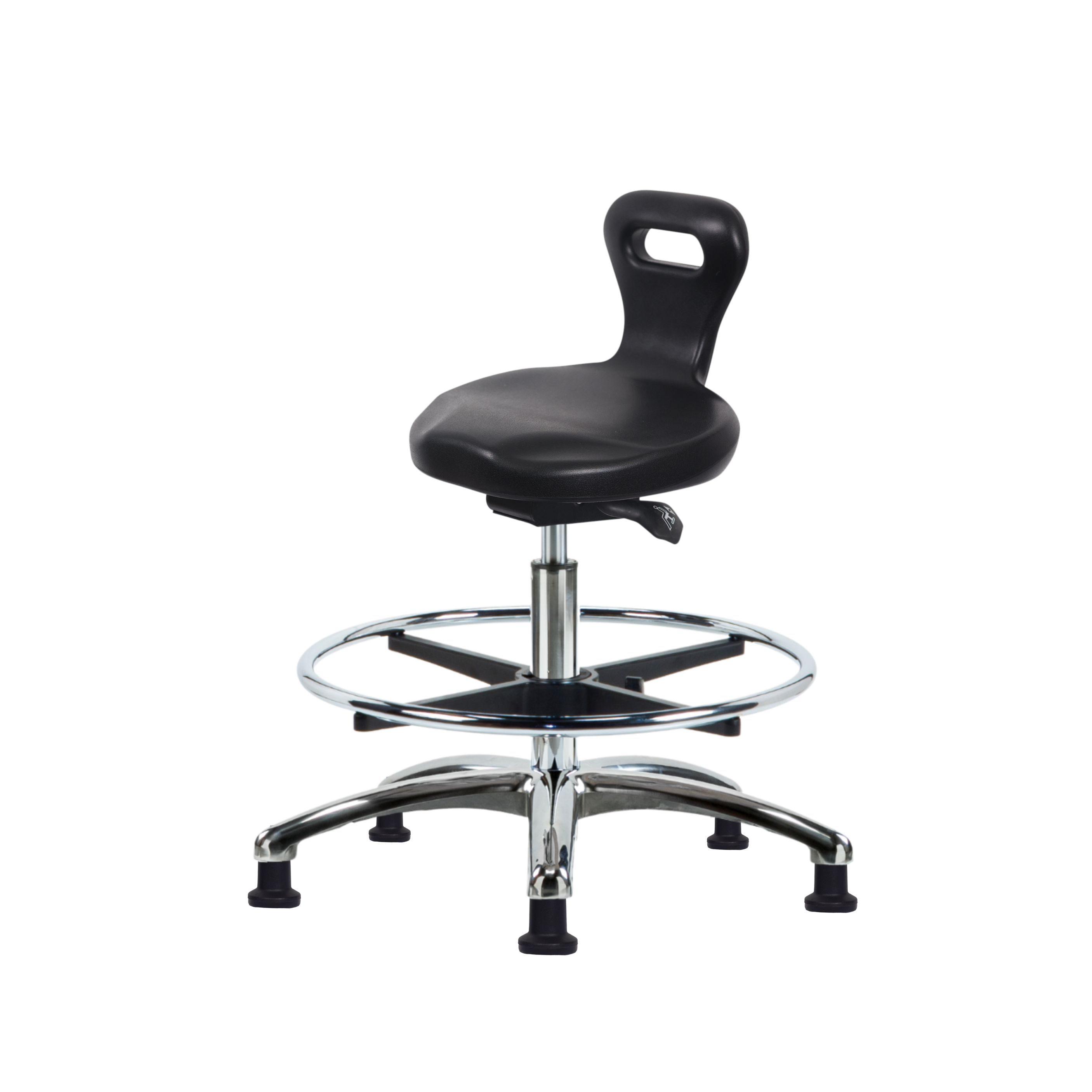 Polyurethane Serpent Sit-Stand Stool Chrome - Medium Bench Height with Chrome Foot Ring & Stationary Glides in Black Polyurethane