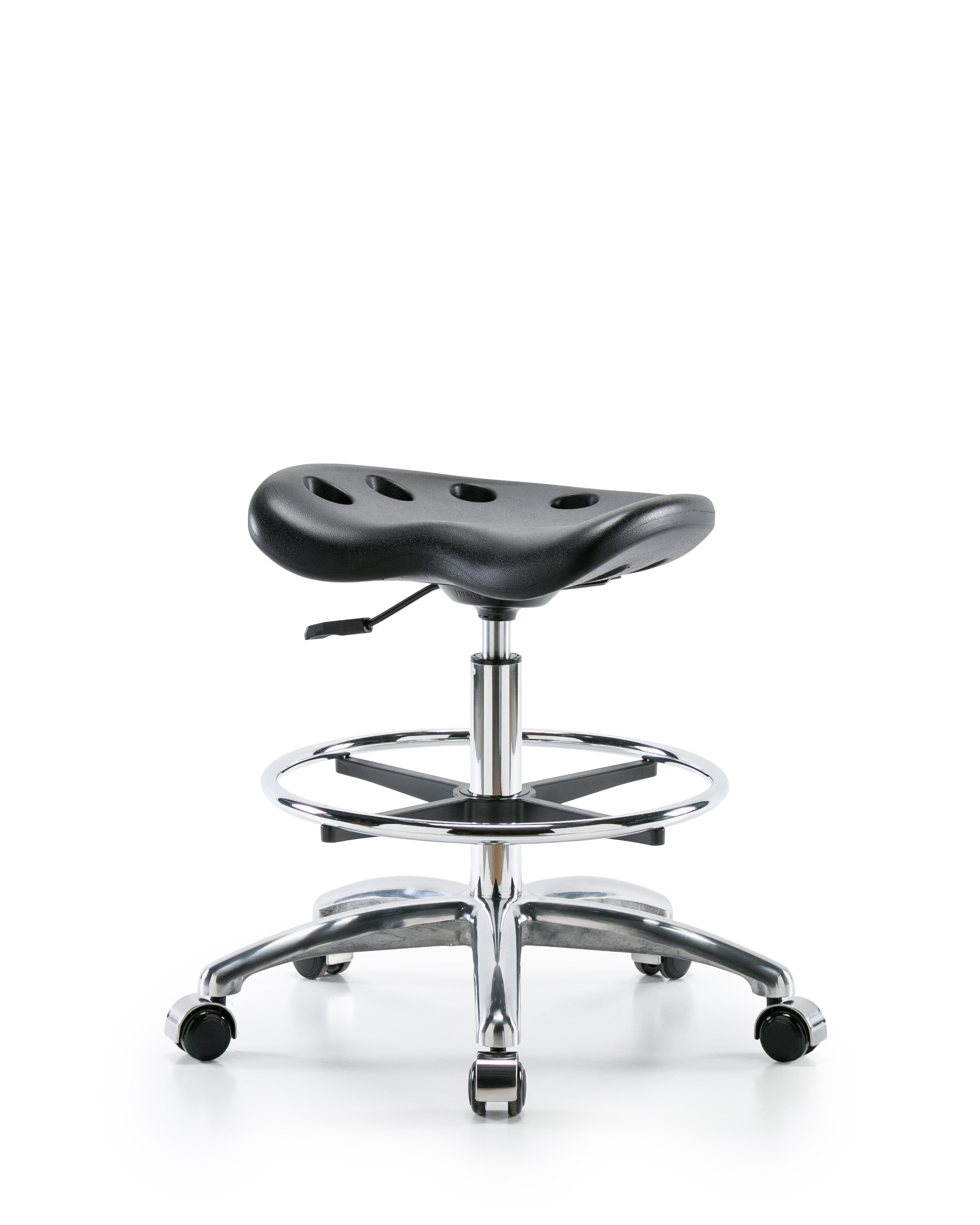 Polyurethane Tractor Stool Chrome - Medium Bench Height with Chrome Foot Ring & Chrome Casters in Black Polyurethane