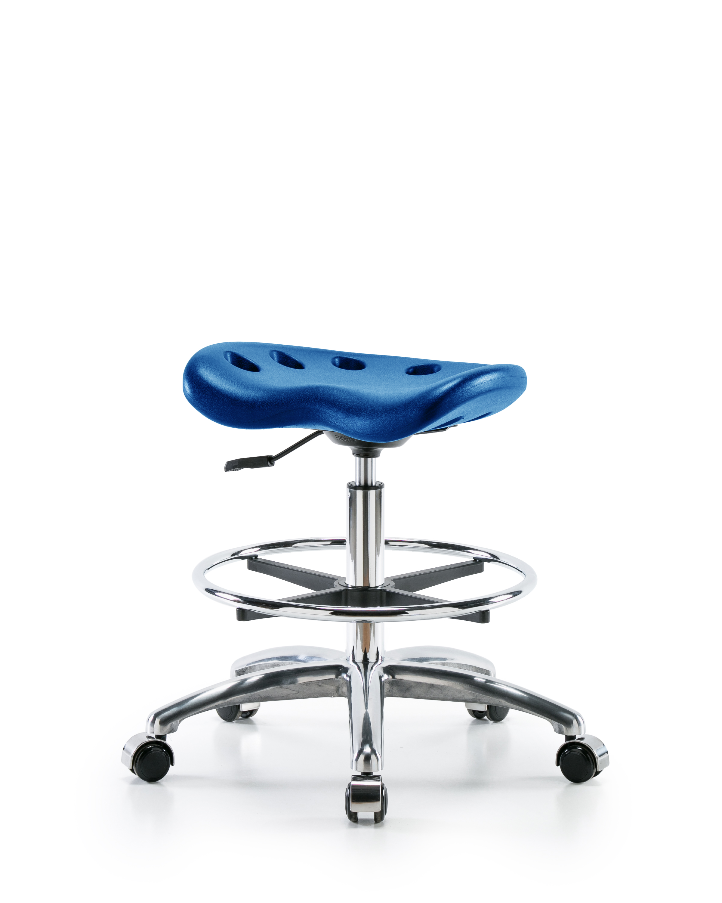 Polyurethane Tractor Stool Chrome - Medium Bench Height with Chrome Foot Ring & Chrome Casters in Blue Polyurethane