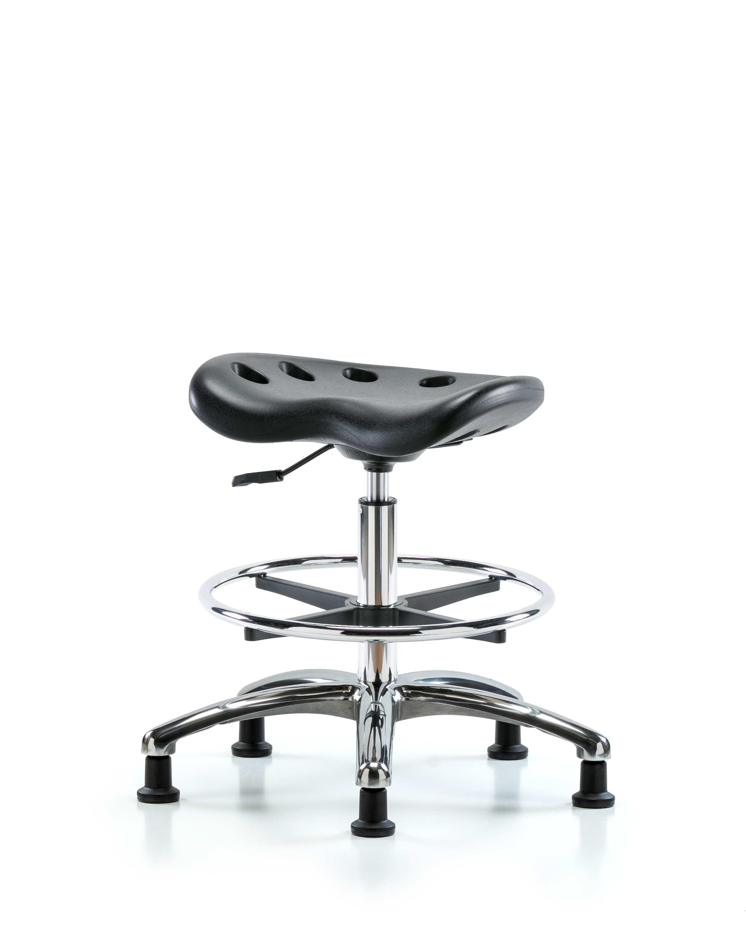 Polyurethane Tractor Stool Chrome - Medium Bench Height with Chrome Foot Ring & Stationary Glides in Black Polyurethane