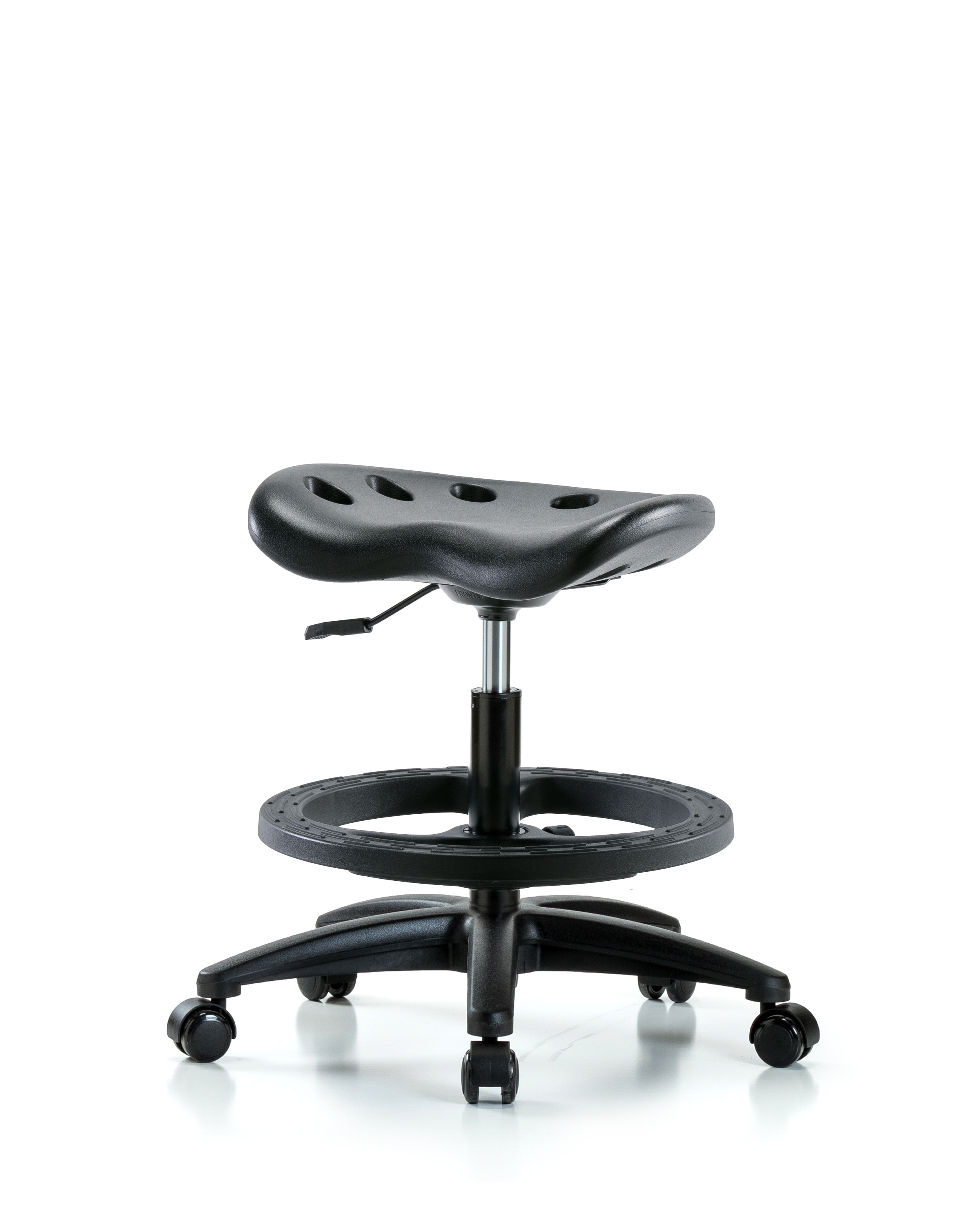 Polyurethane Tractor Stool - Medium Bench Height with Black Foot Ring & Casters in Black Polyurethane