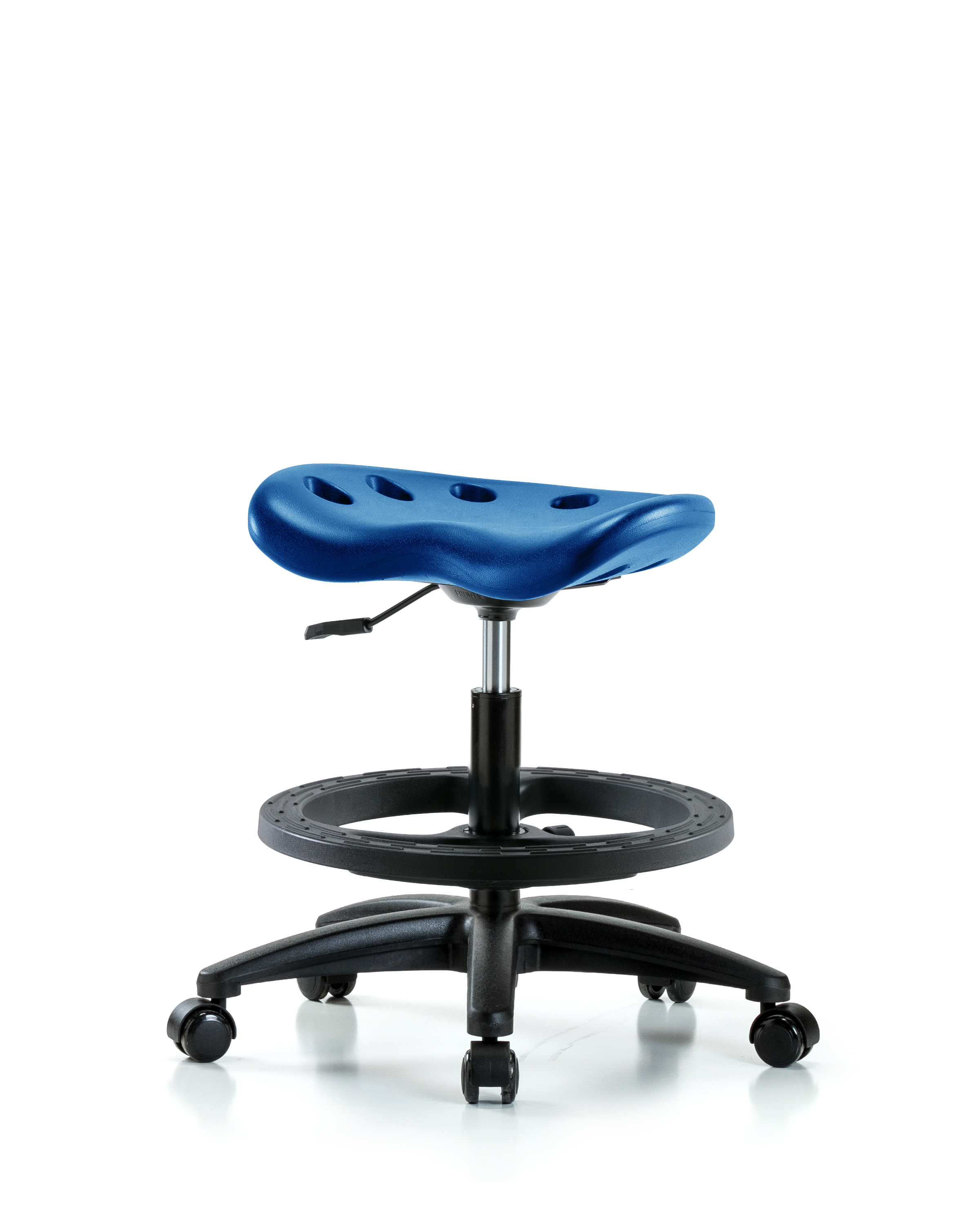 Polyurethane Tractor Stool - Medium Bench Height with Black Foot Ring & Casters in Blue Polyurethane