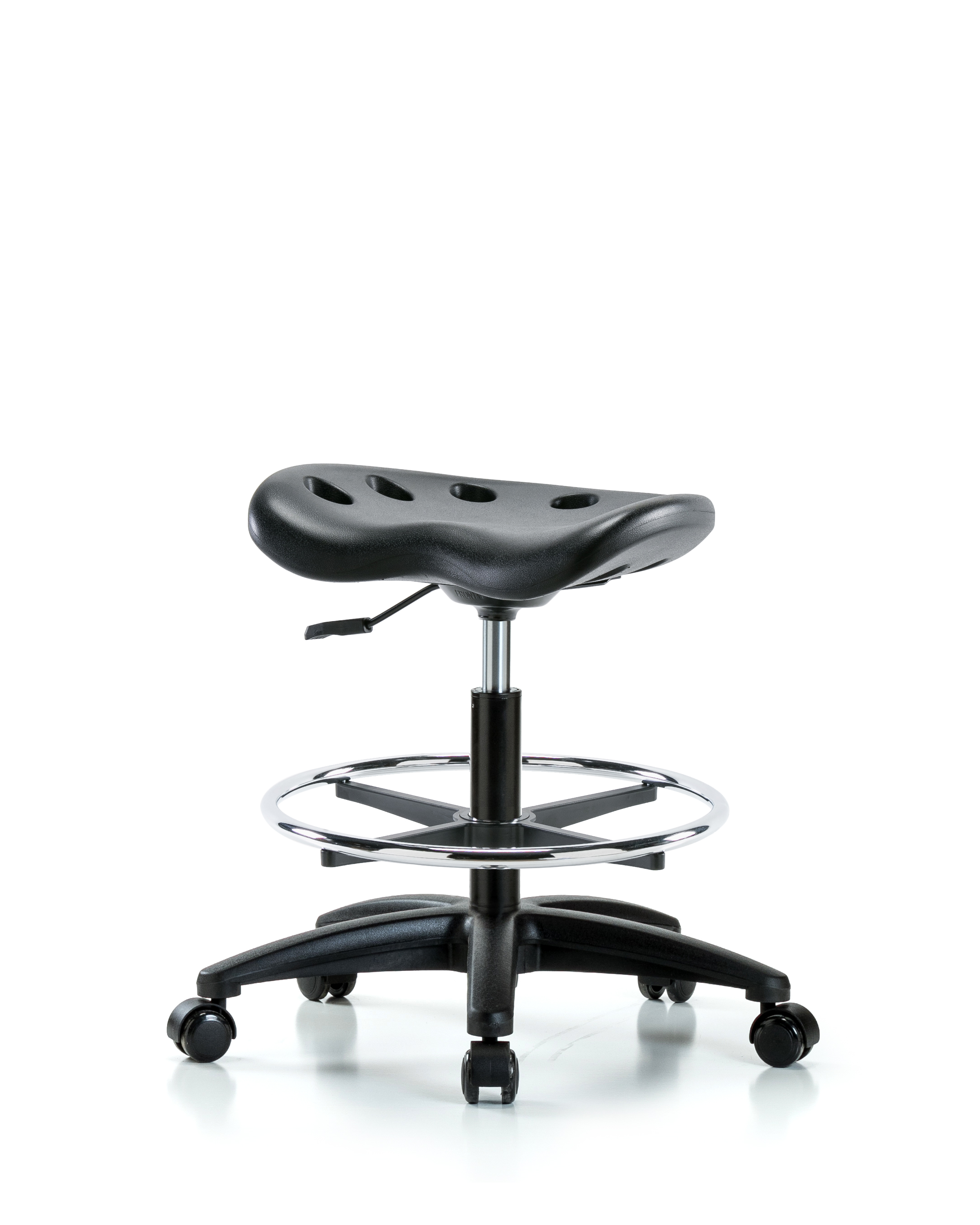 Polyurethane Tractor Stool - Medium Bench Height with Chrome Foot Ring & Casters in Black Polyurethane