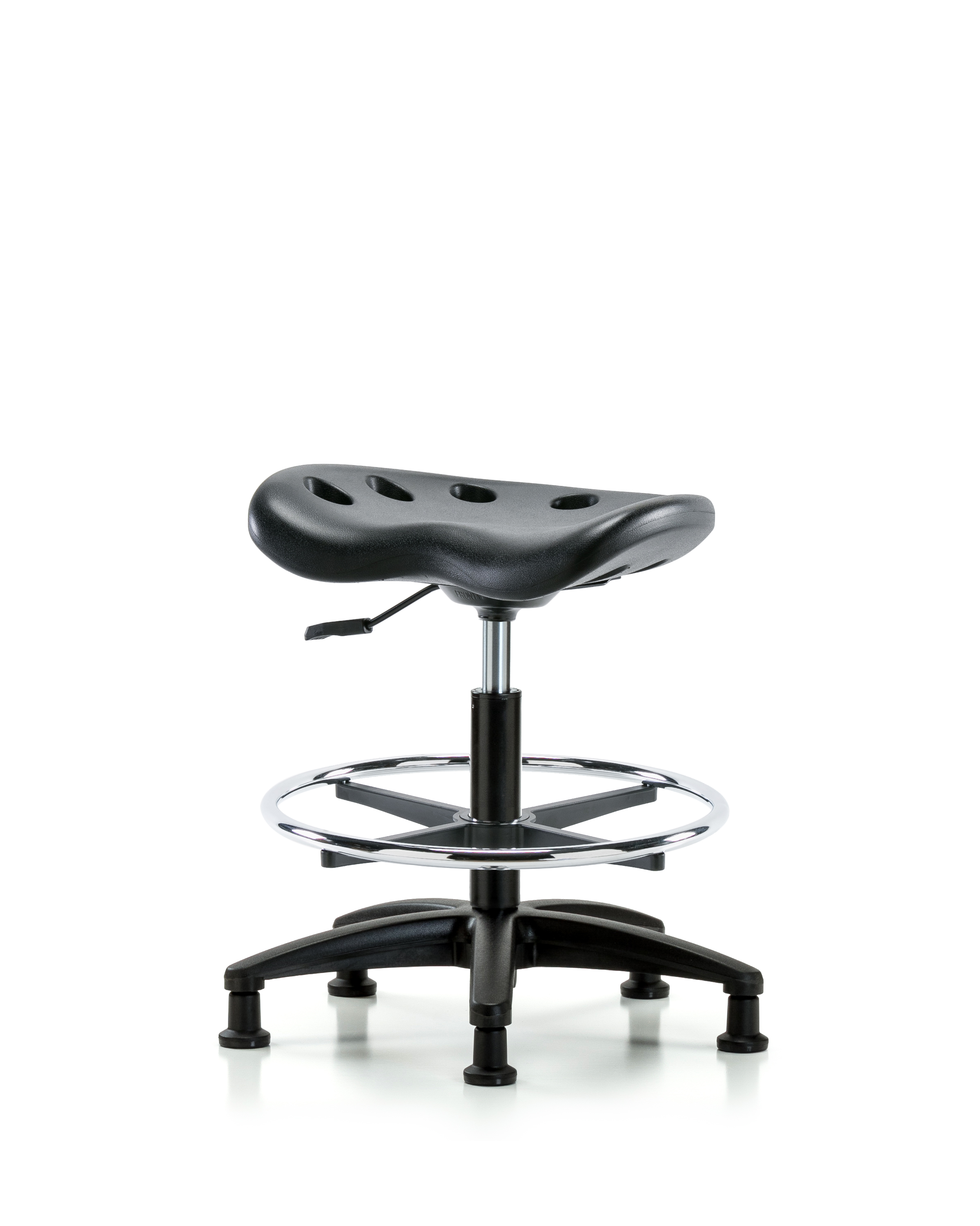 Polyurethane Tractor Stool - Medium Bench Height with Chrome Foot Ring & Stationary Glides in Black Polyurethane