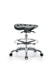 Polyurethane Tractor Sit-Stand Stool Chrome - Medium Bench Height with Chrome Foot Ring & Chrome Casters in Black Polyurethane