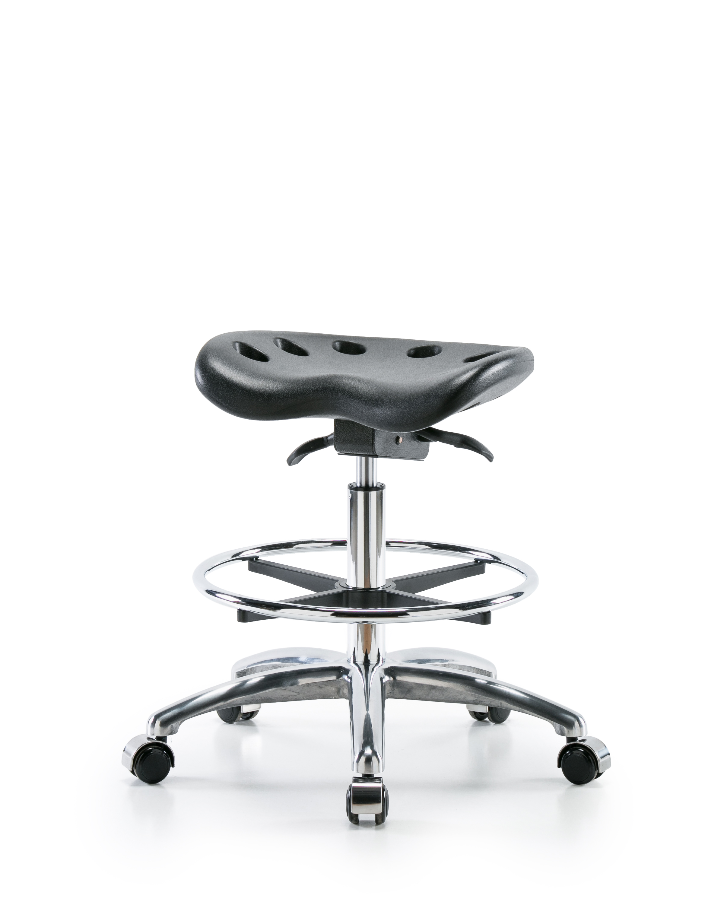 Polyurethane Tractor Sit-Stand Stool Chrome - Medium Bench Height with Chrome Foot Ring & Chrome Casters in Black Polyurethane
