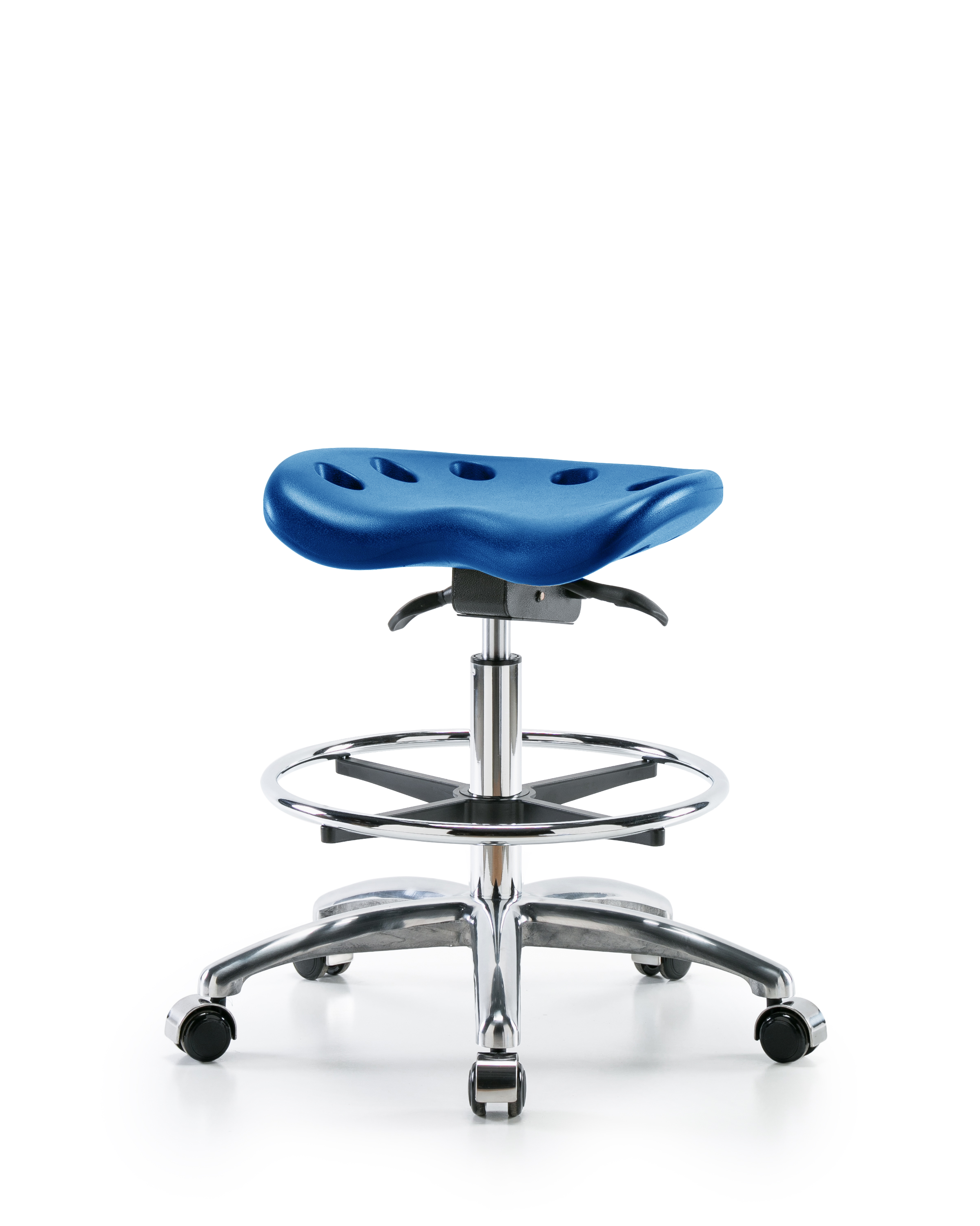 Polyurethane Tractor Sit-Stand Stool Chrome - Medium Bench Height with Chrome Foot Ring & Chrome Casters in Blue Polyurethane