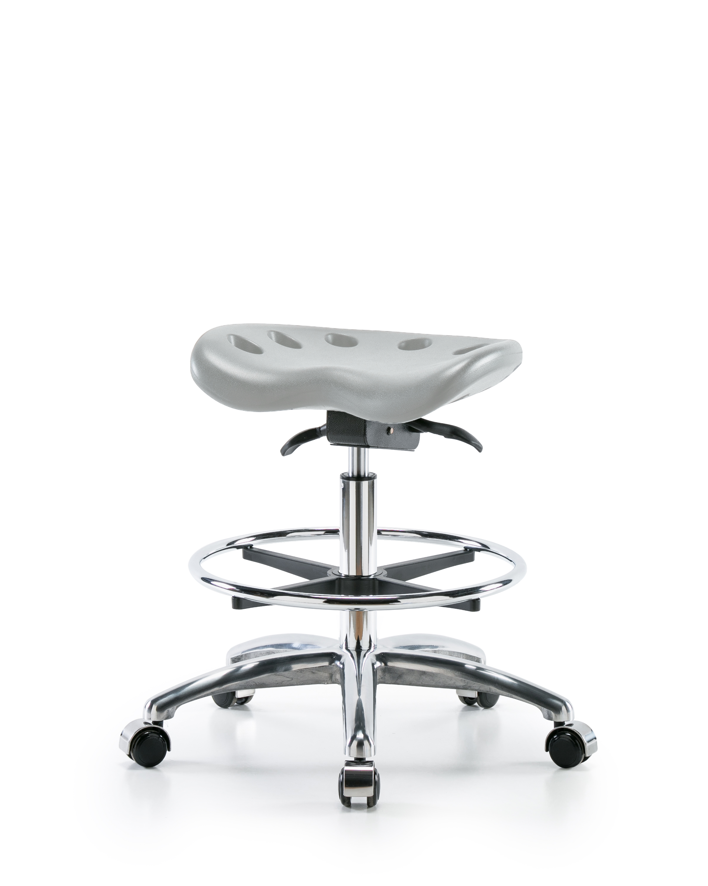 Polyurethane Tractor Sit-Stand Stool Chrome - Medium Bench Height with Chrome Foot Ring & Chrome Casters in Gray Polyurethane