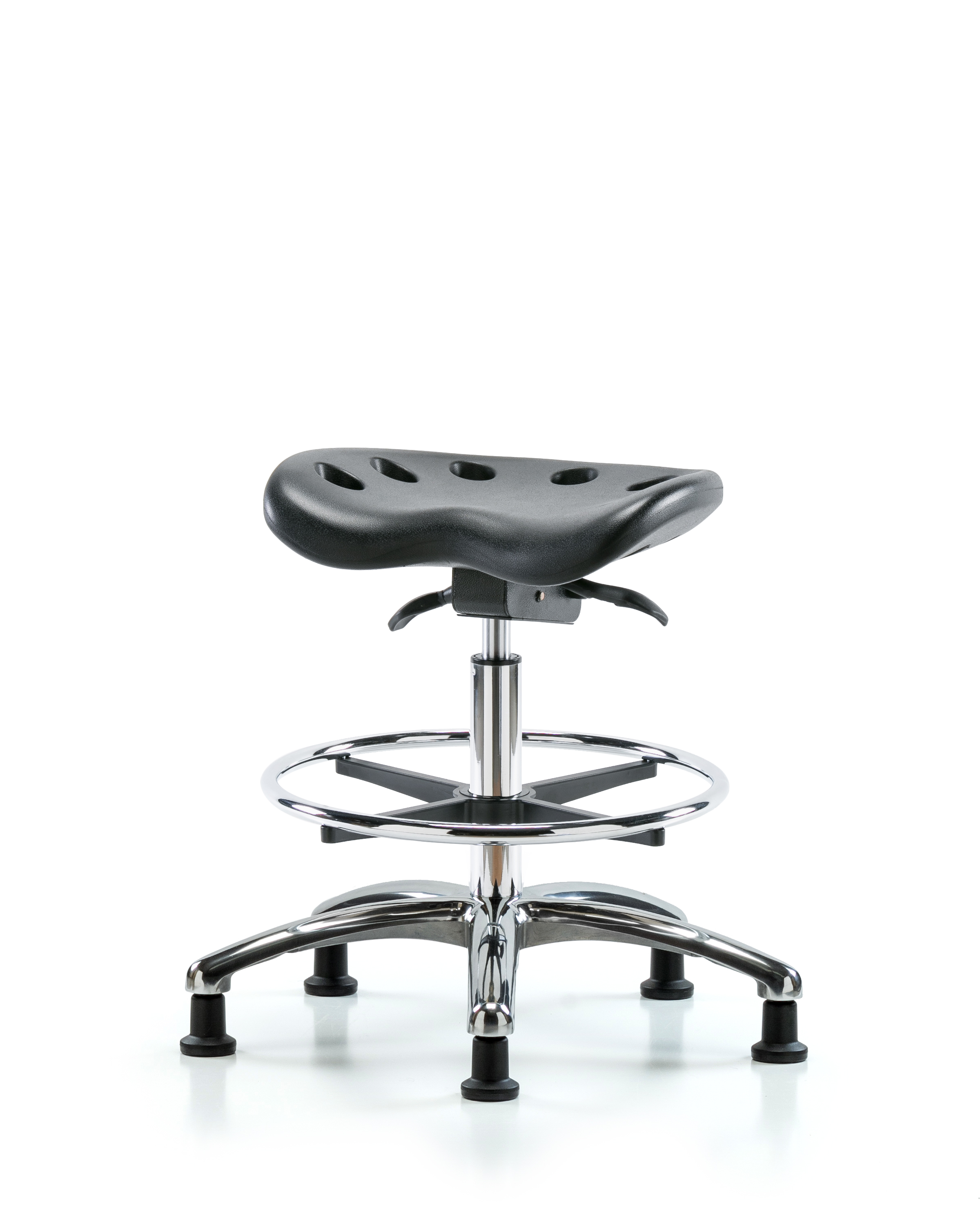 Polyurethane Tractor Sit-Stand Stool Chrome - Medium Bench Height with Chrome Foot Ring & Stationary Glides in Black Polyurethane
