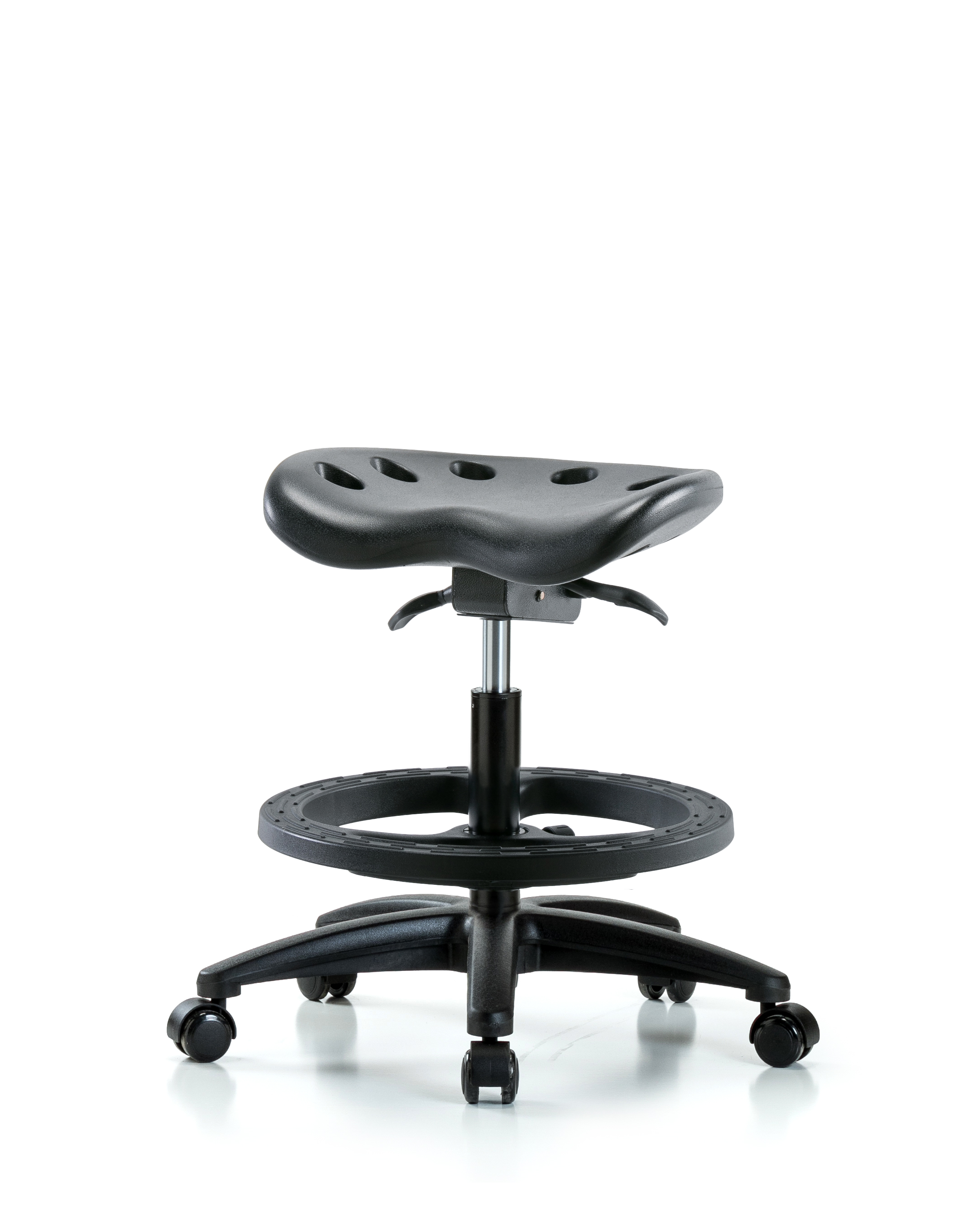 Polyurethane Tractor Sit-Stand Stool - Medium Bench Height with Black Foot Ring & Casters in Black Polyurethane