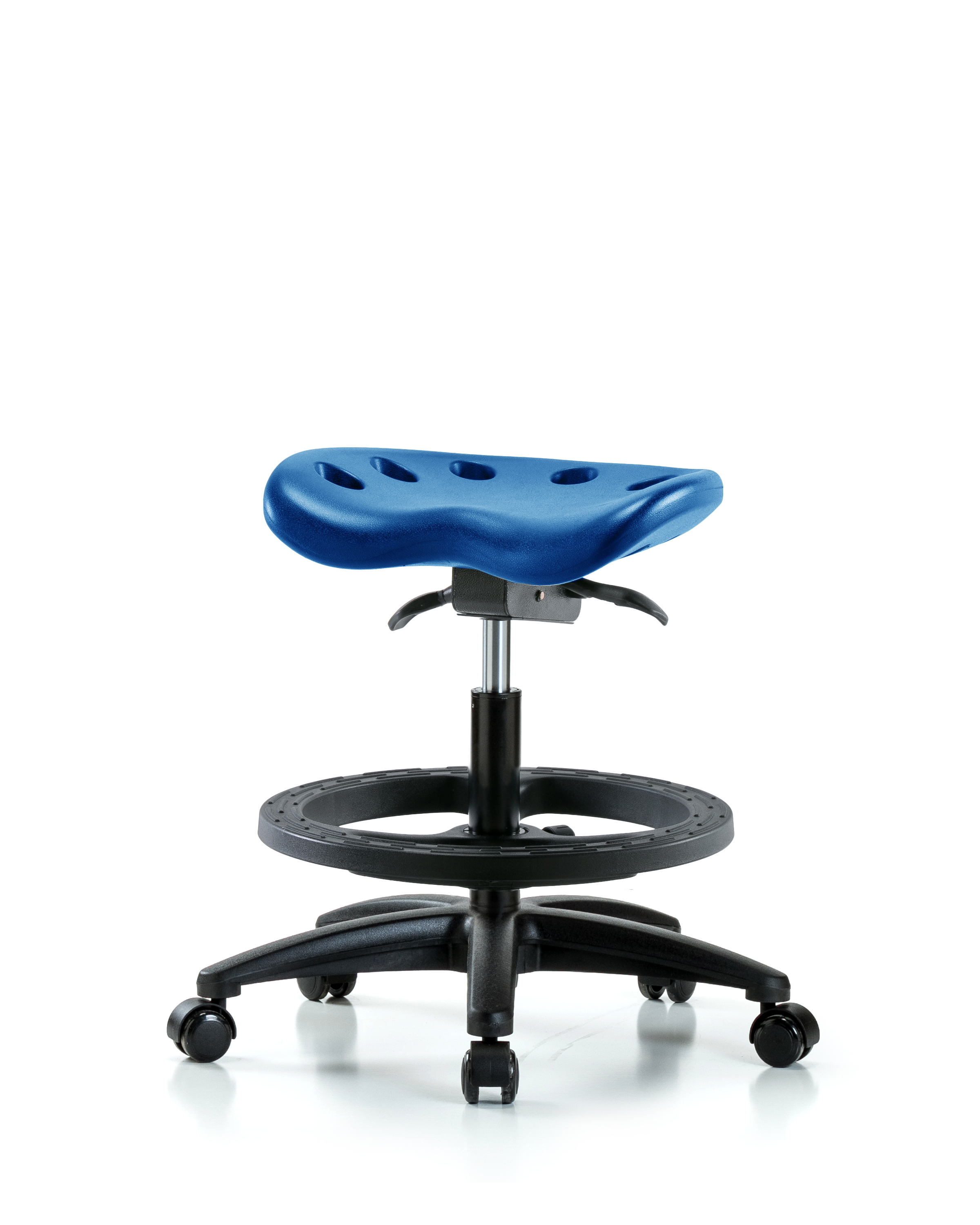 Polyurethane Tractor Sit-Stand Stool - Medium Bench Height with Black Foot Ring & Casters in Blue Polyurethane