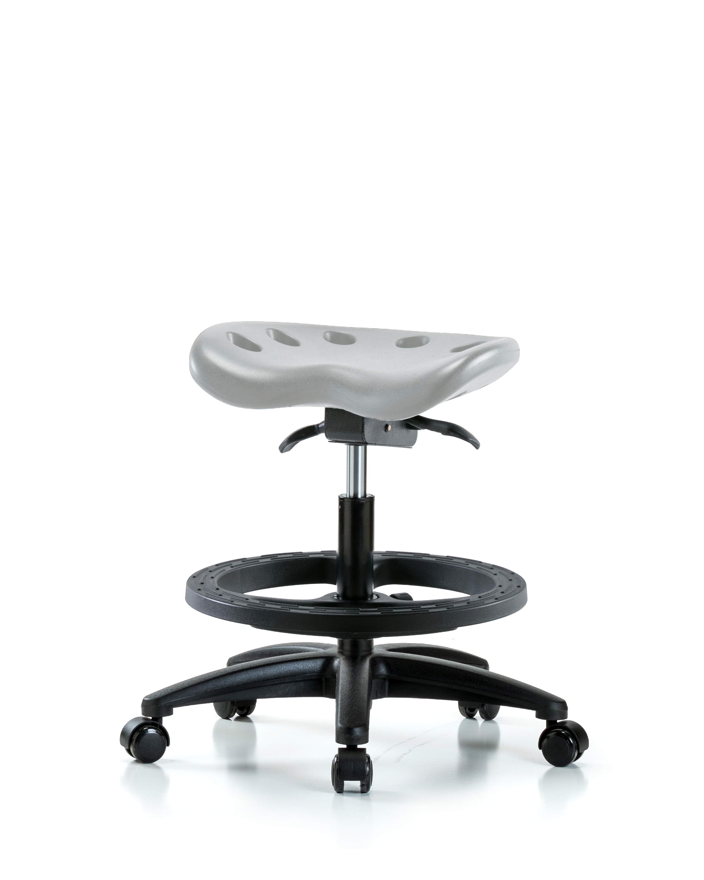 Polyurethane Tractor Sit-Stand Stool - Medium Bench Height with Black Foot Ring & Casters in Gray Polyurethane