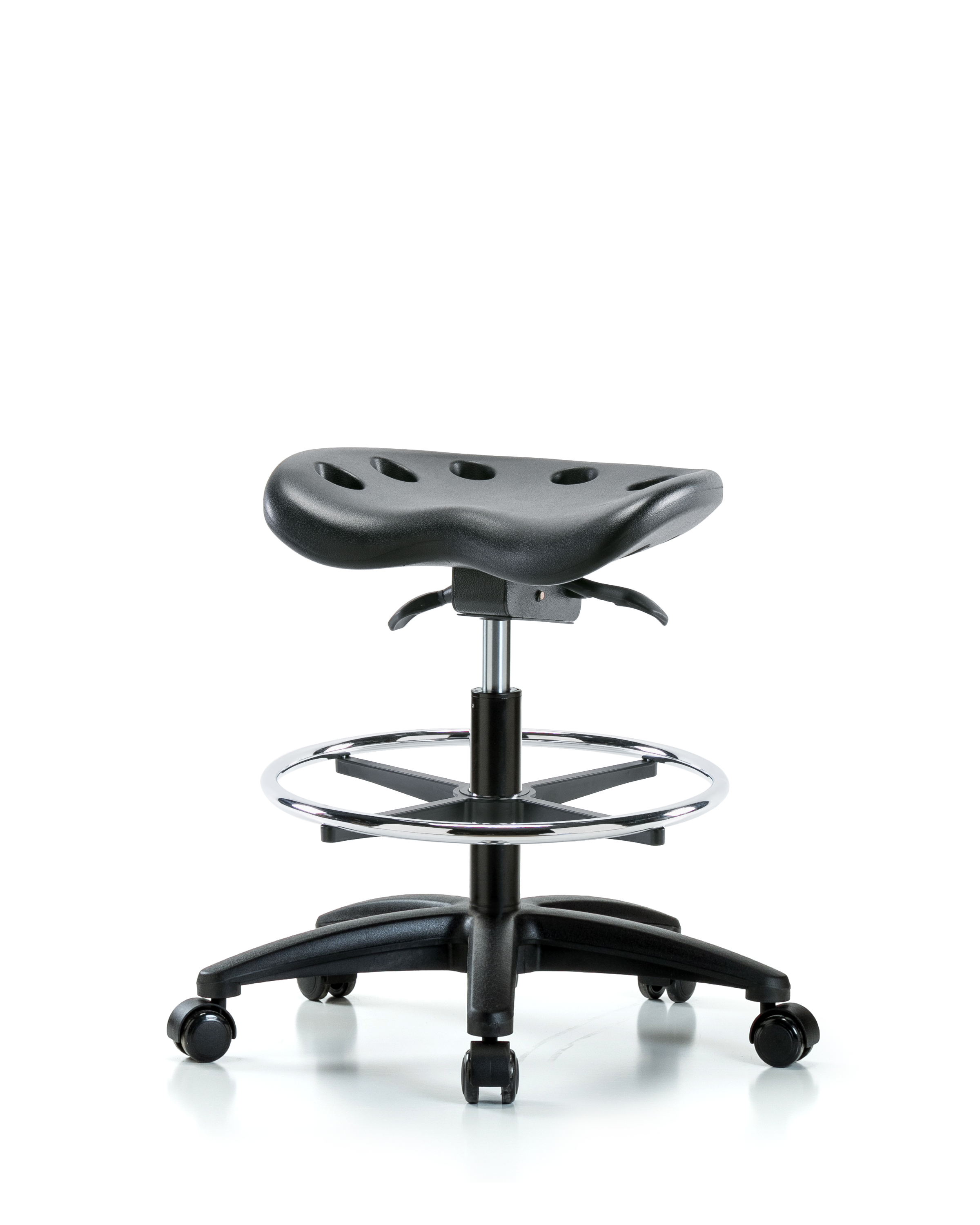Polyurethane Tractor Sit-Stand Stool - Medium Bench Height with Chrome Foot Ring & Casters in Black Polyurethane