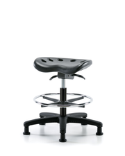 Polyurethane Tractor Sit-Stand Stool - Medium Bench Height with Chrome Foot Ring & Stationary Glides in Black Polyurethane