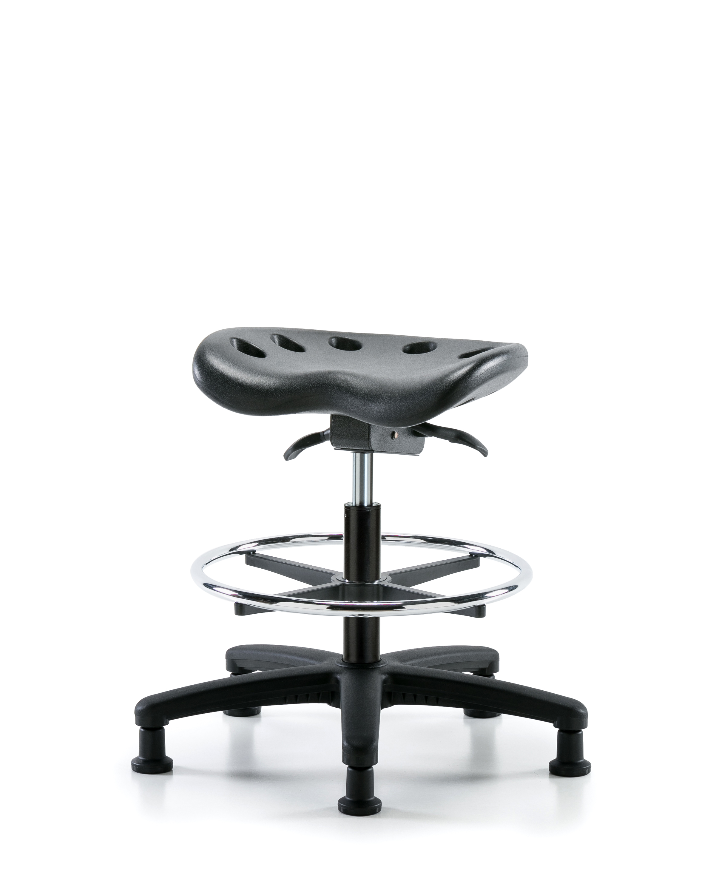 Polyurethane Tractor Sit-Stand Stool - Medium Bench Height with Chrome Foot Ring & Stationary Glides in Black Polyurethane