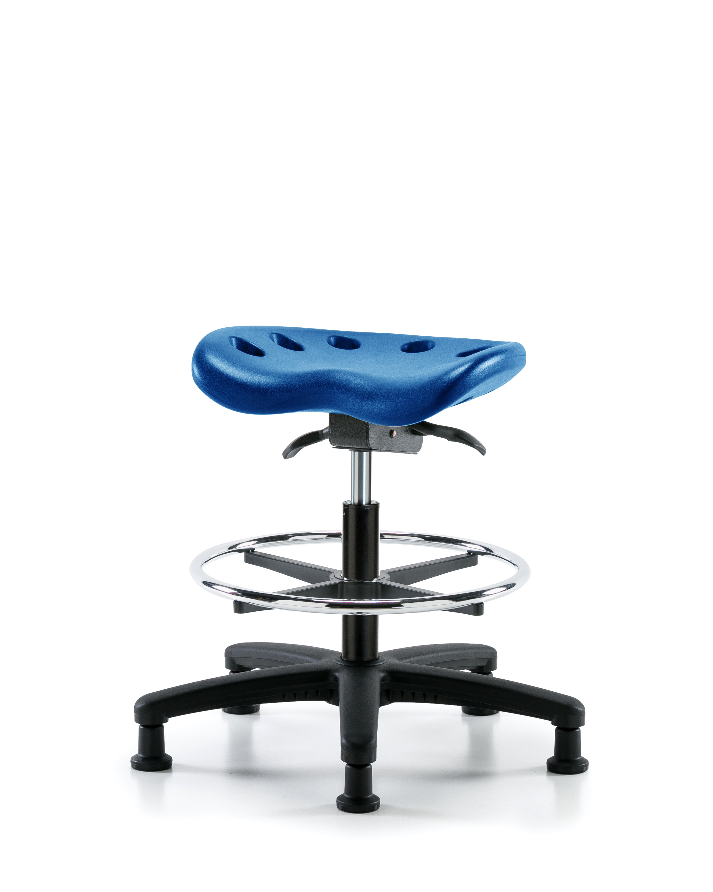 Polyurethane Tractor Sit-Stand Stool - Medium Bench Height with Chrome Foot Ring & Stationary Glides in Blue Polyurethane