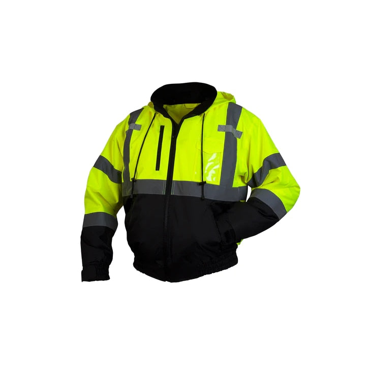 Pyramex Jacket , Bomber Type , Hi-Vis Lime/Black Color , Medium Size , Polyester Material , Fleece Lining , Zipper Front Closure Type , 8 Pocket , Detachable Hood Type , ANSI/ISEA 107 - 2010 / Class 3 Level 2 Standards
