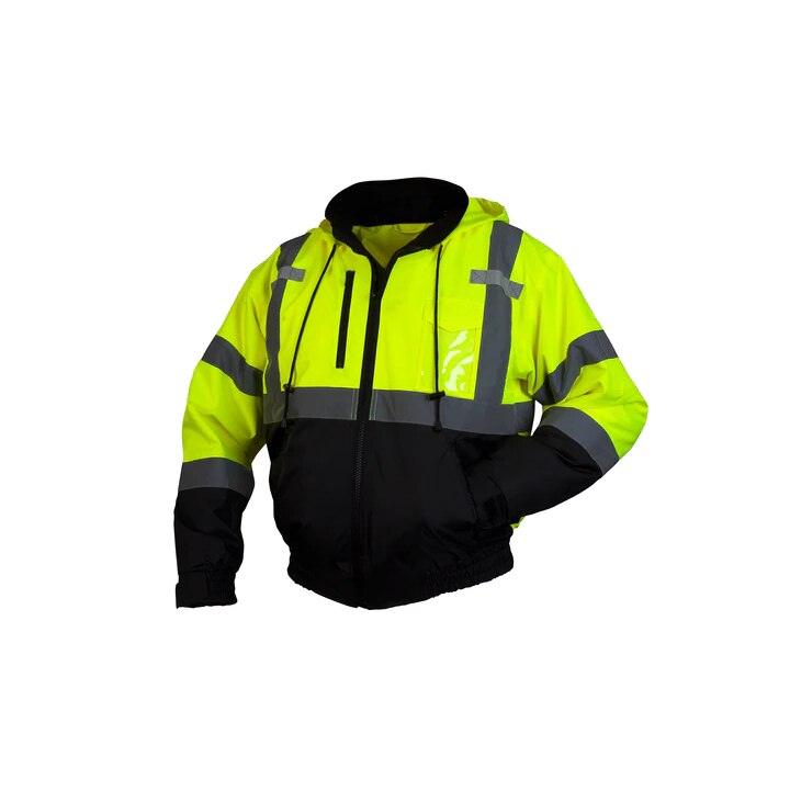 Pyramex Jacket , Bomber Type , Hi-Vis Lime/Black Color , 2 Extra Large Size , Polyester Material , Fleece Lining , Zipper Front Closure Type , 8 Pocket , Detachable Hood Type , ANSI/ISEA 107 - 2010 / Class 3 Level 2 Standards