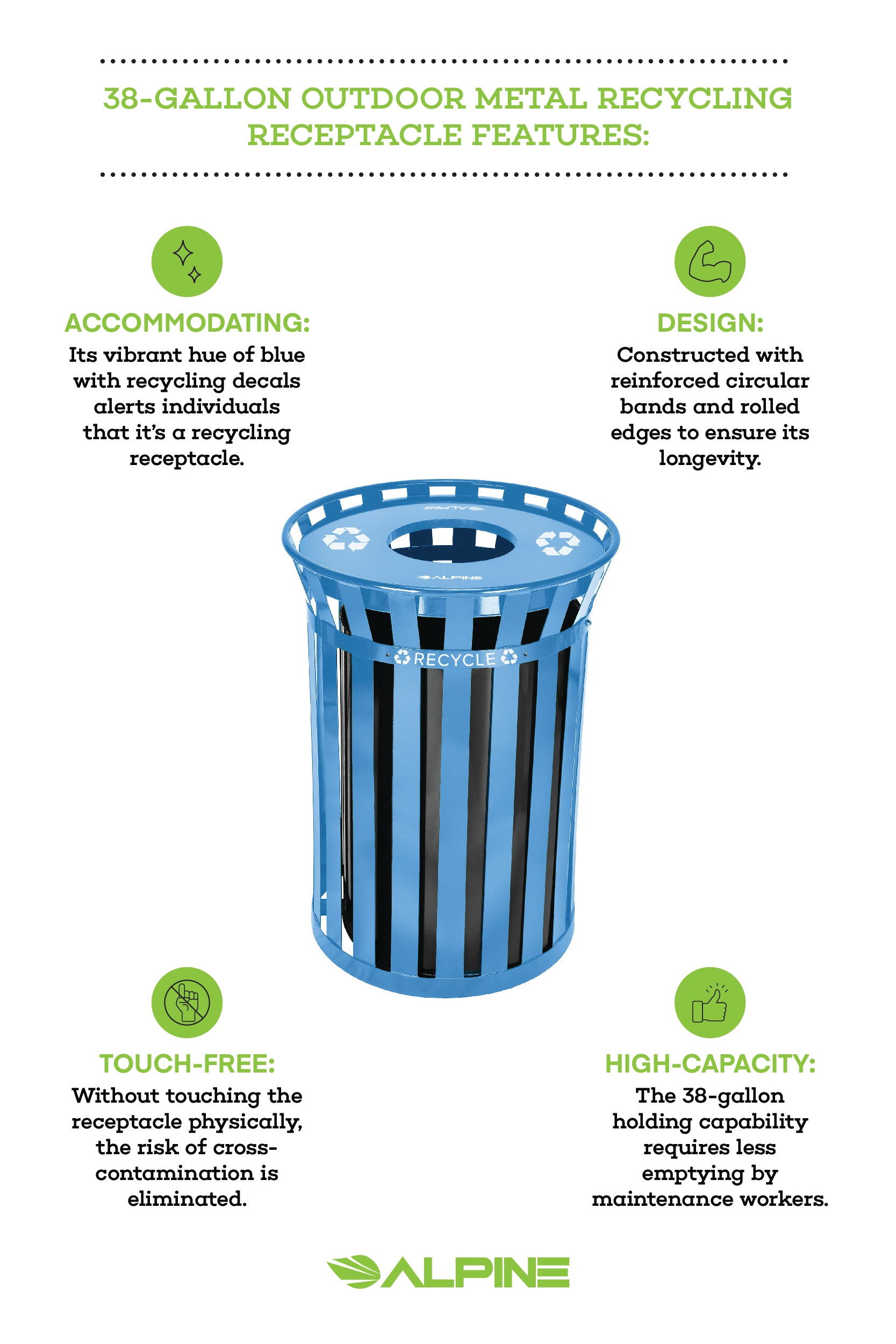 Alpine Industries Outdoor Metal Recycling Receptacle - 38 Gallon Blue