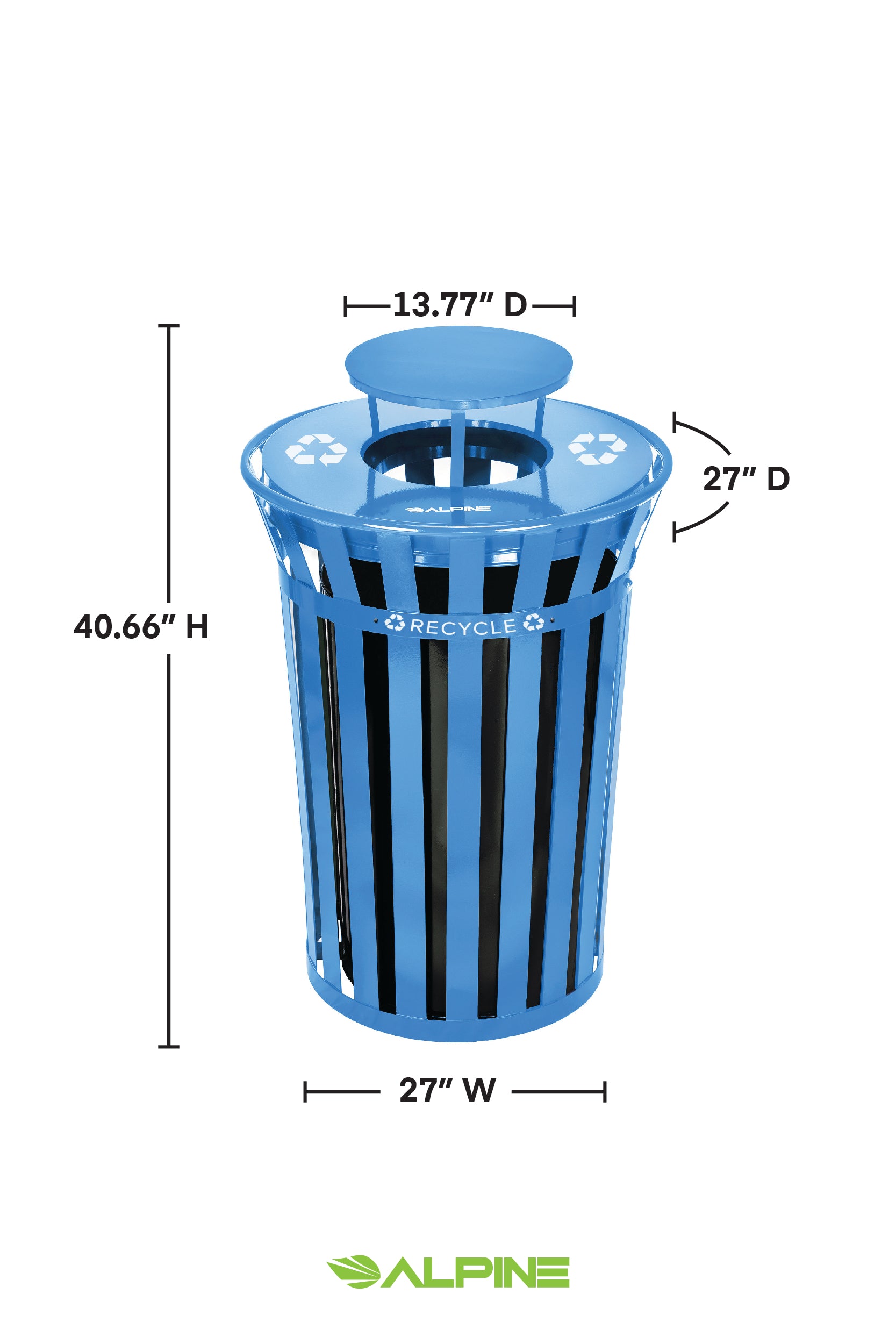 Alpine Industries Outdoor Metal Slatted Recycling Receptacle with Rain Bonnet Lid - 38 Gallon Blue