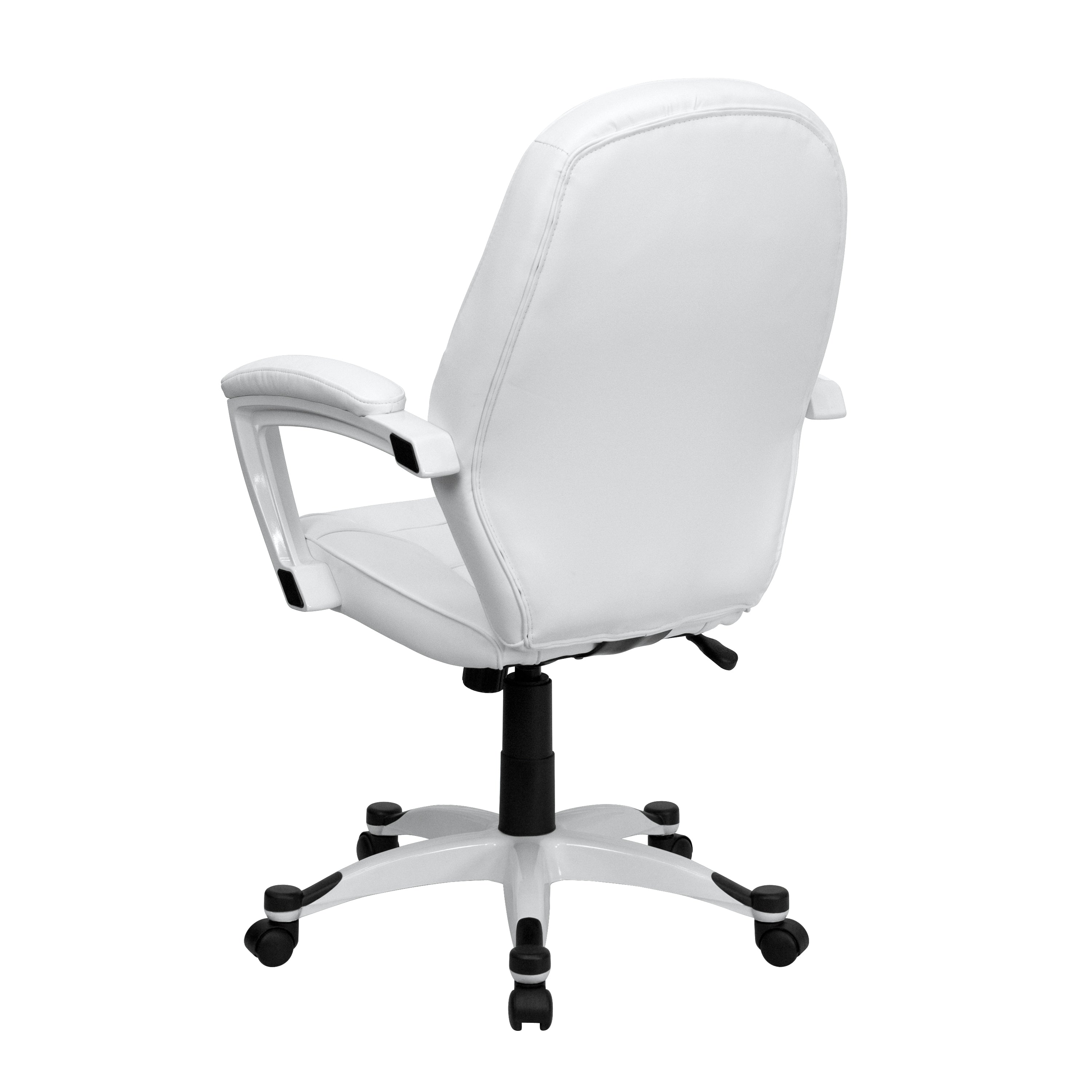 Quincey Mid-Back White LeatherSoft Tapered Back Executive Swivel Office Chair with White Base and Arms
