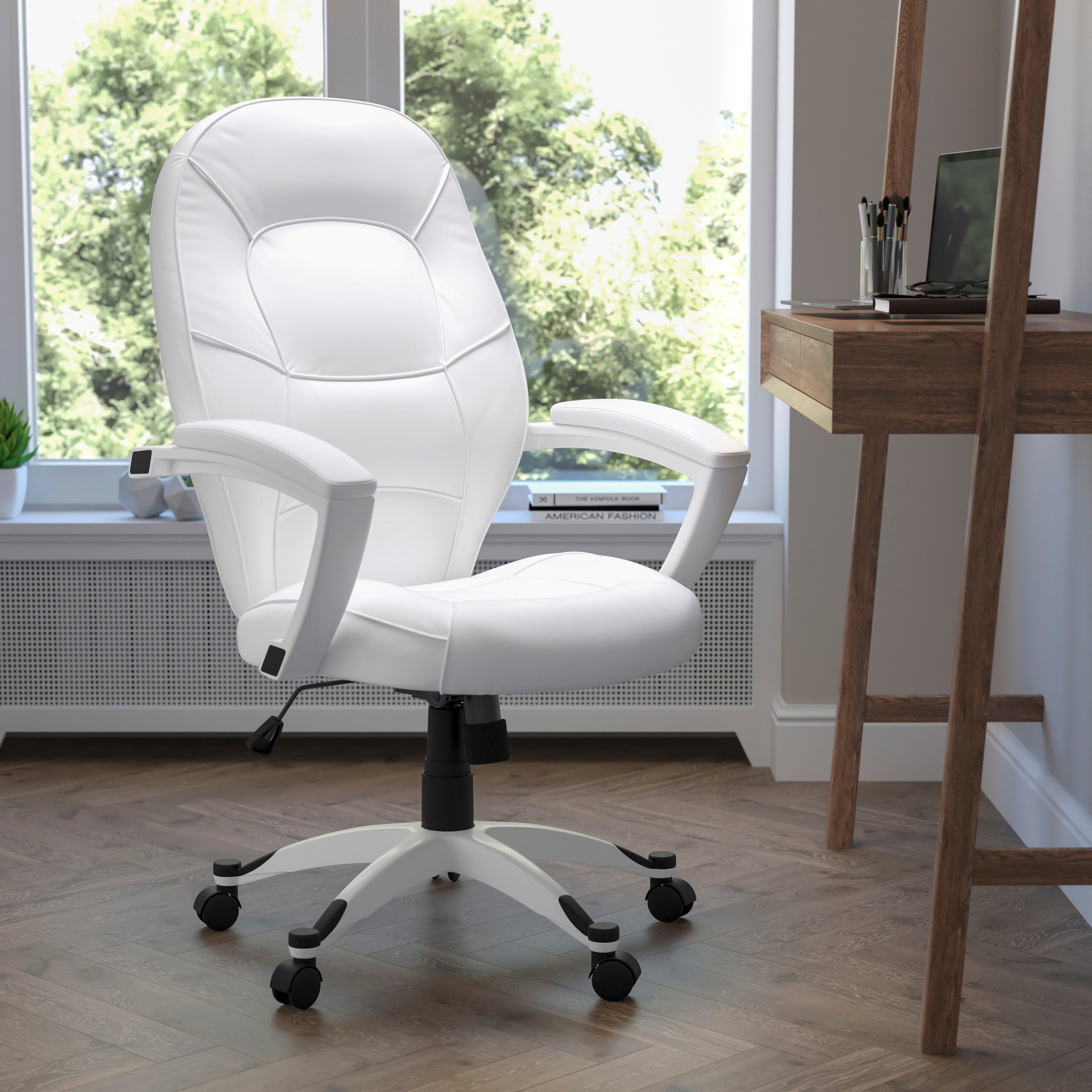 Quincey Mid-Back White LeatherSoft Tapered Back Executive Swivel Office Chair with White Base and Arms