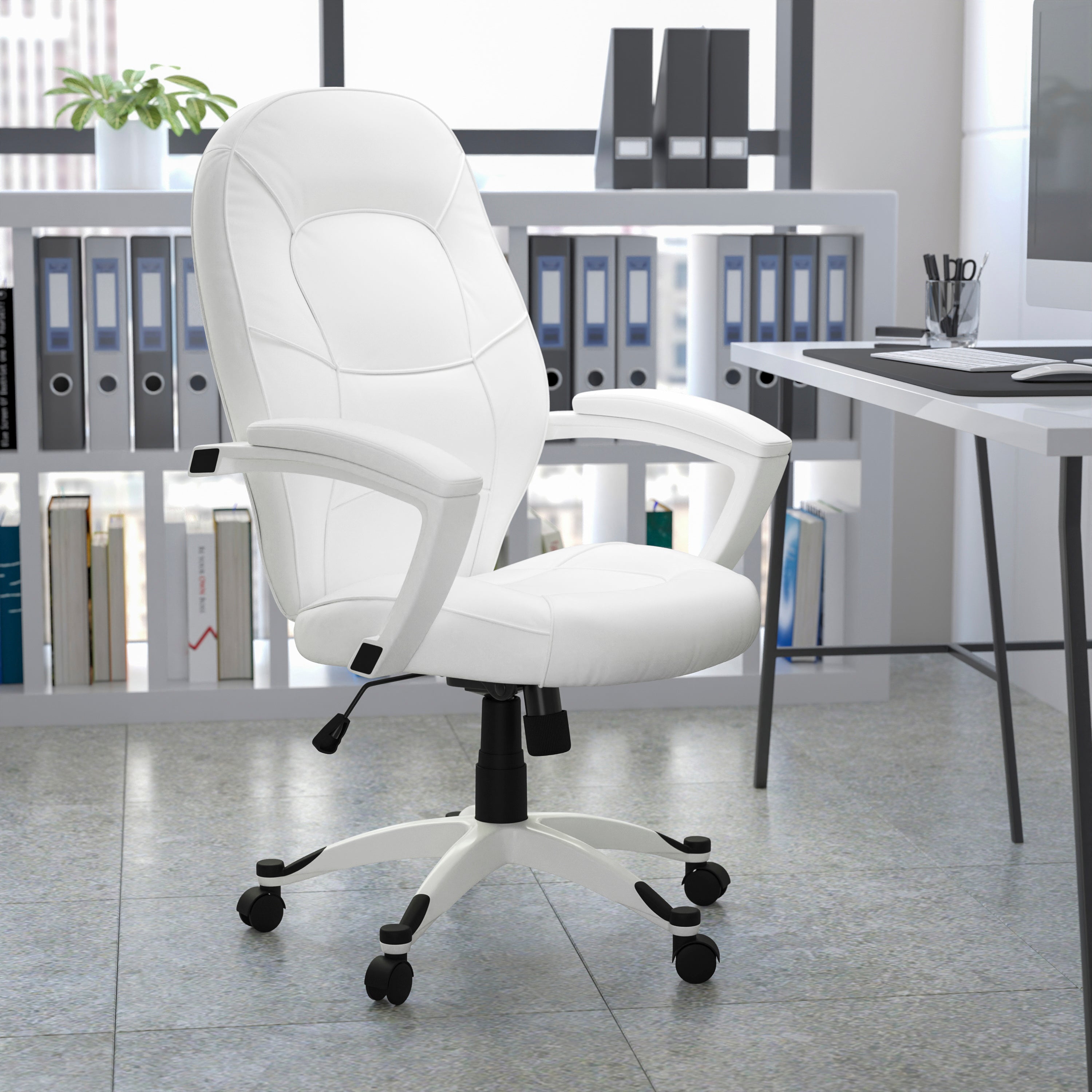 Quincey Mid-Back White LeatherSoft Tapered Back Executive Swivel Office Chair with White Base and Arms