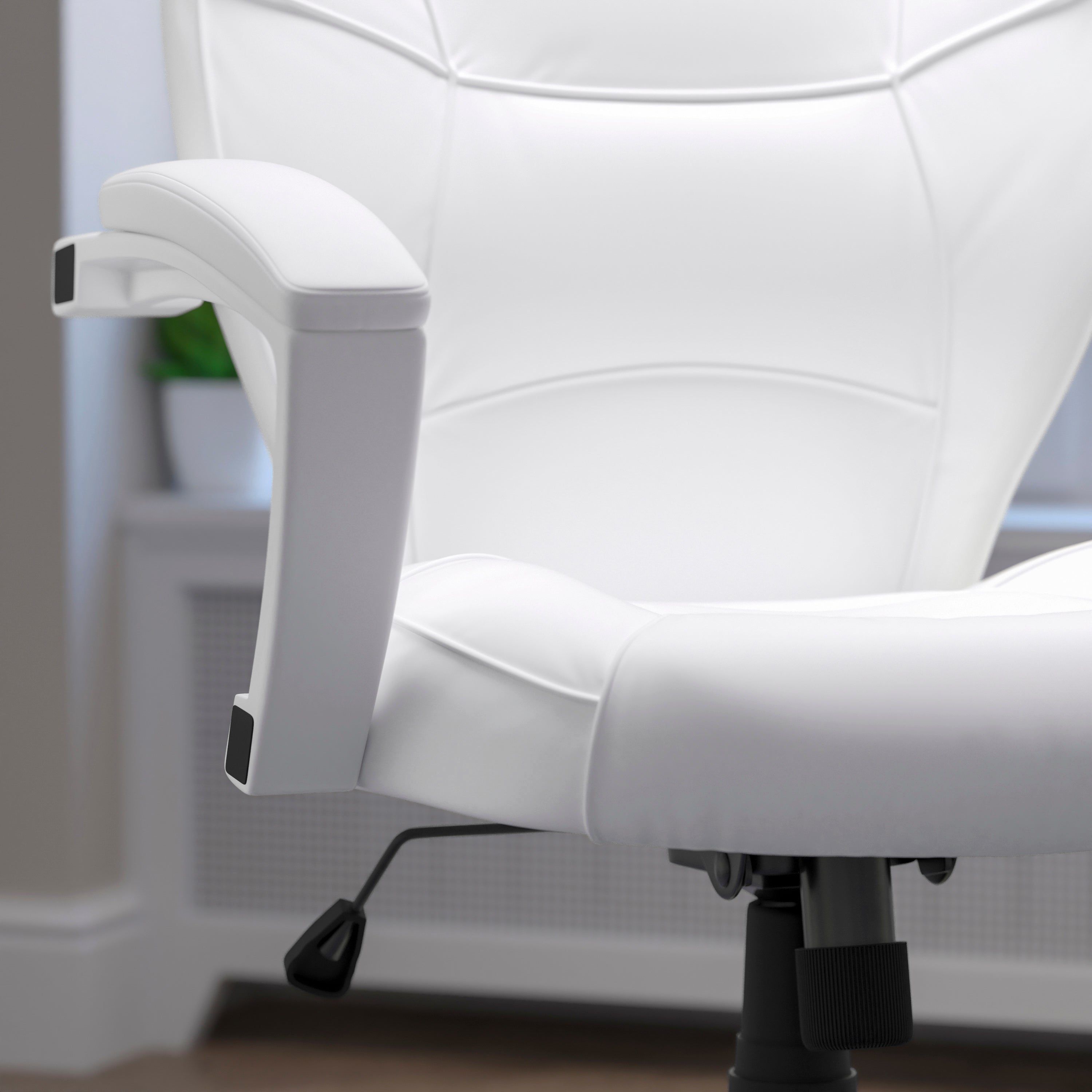 Quincey Mid-Back White LeatherSoft Tapered Back Executive Swivel Office Chair with White Base and Arms