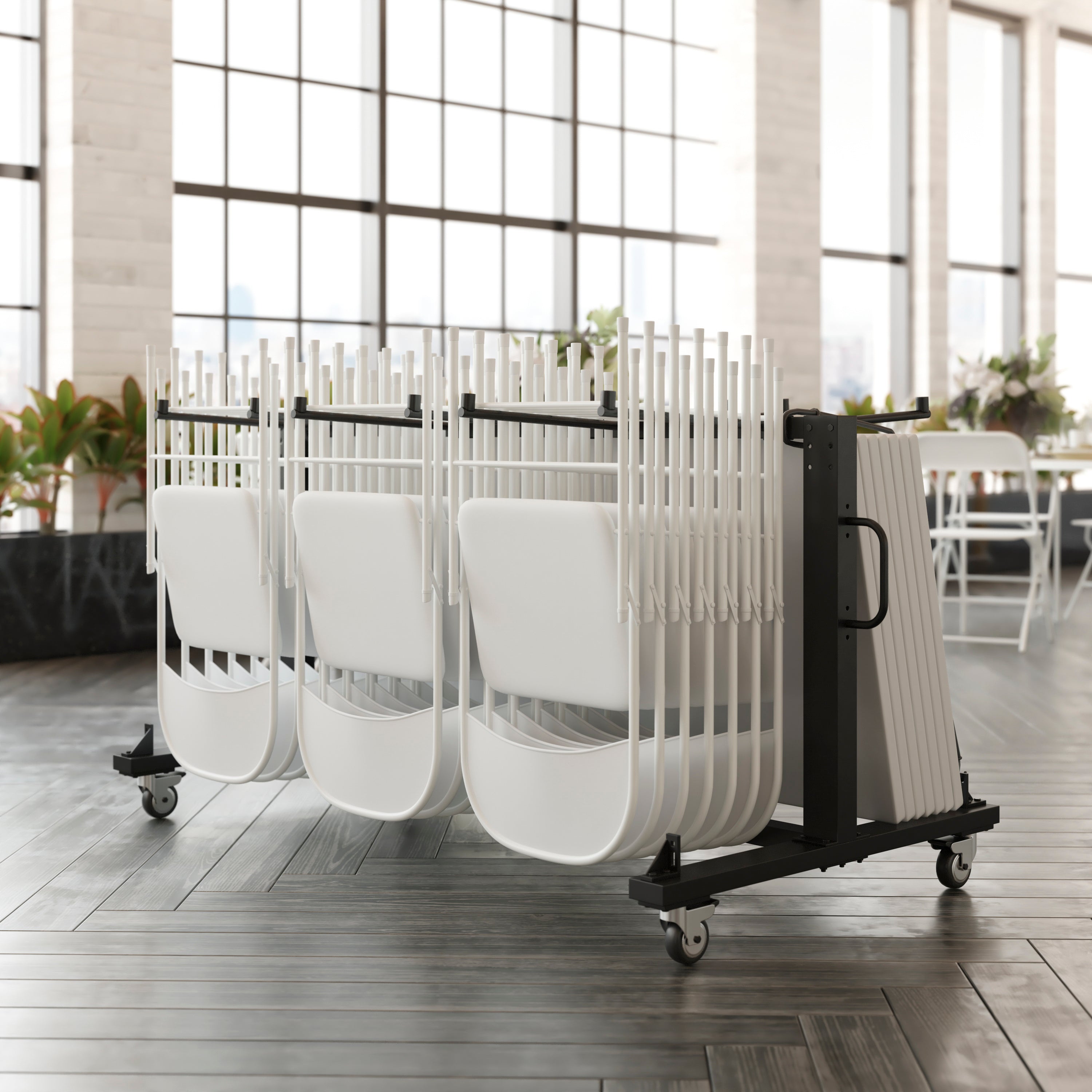 Hawkins Heavy Duty Folding Table and Chairs Mobile Cart-Locking Wheels, Holds up to 42 Folding Chairs or 12 Tables, Black